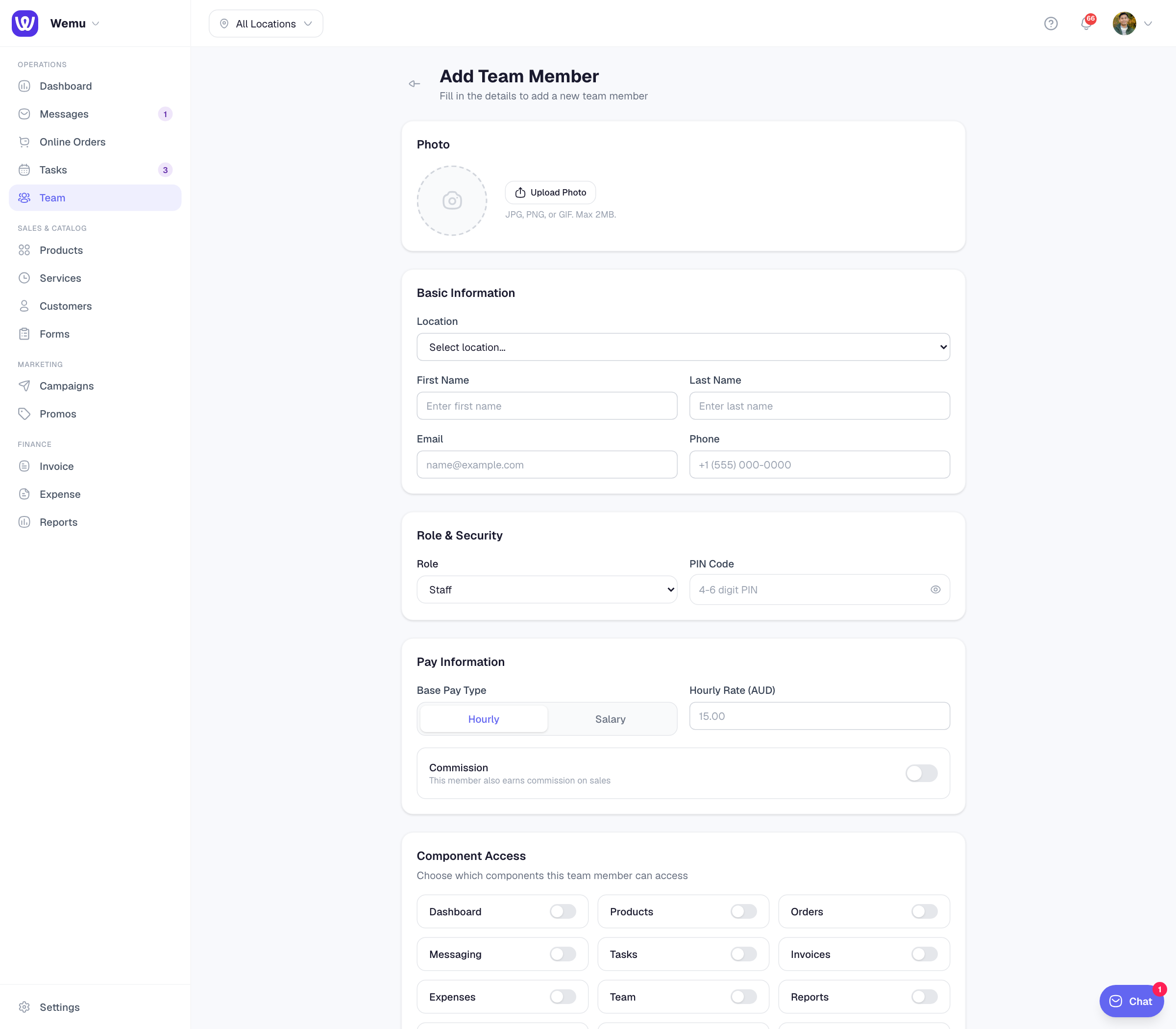 The team member form with name, role, PIN, and service assignment fields
