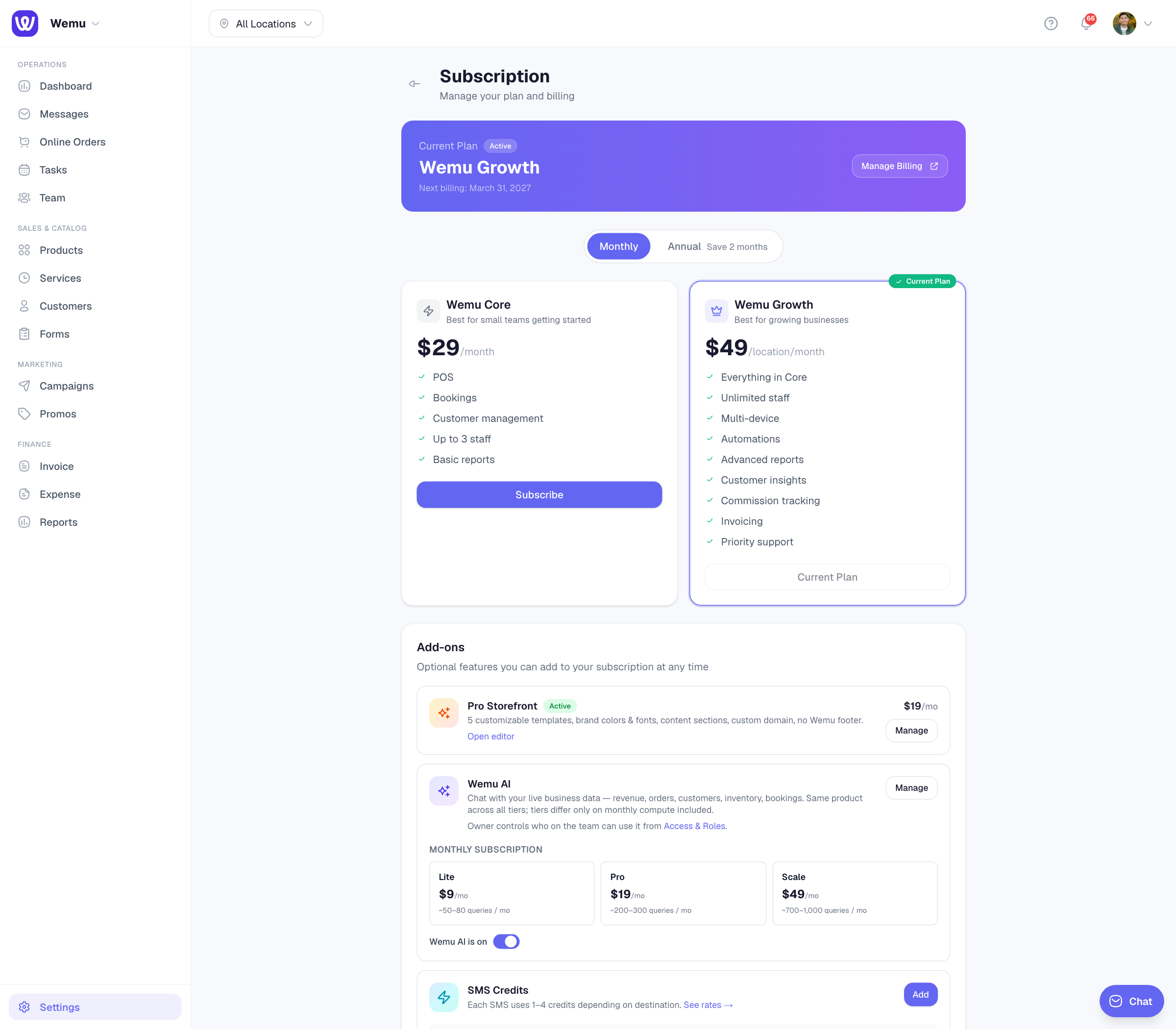 Settings → Subscription — manage your plan and seats; checkout opens in Stripe with a prorated summary