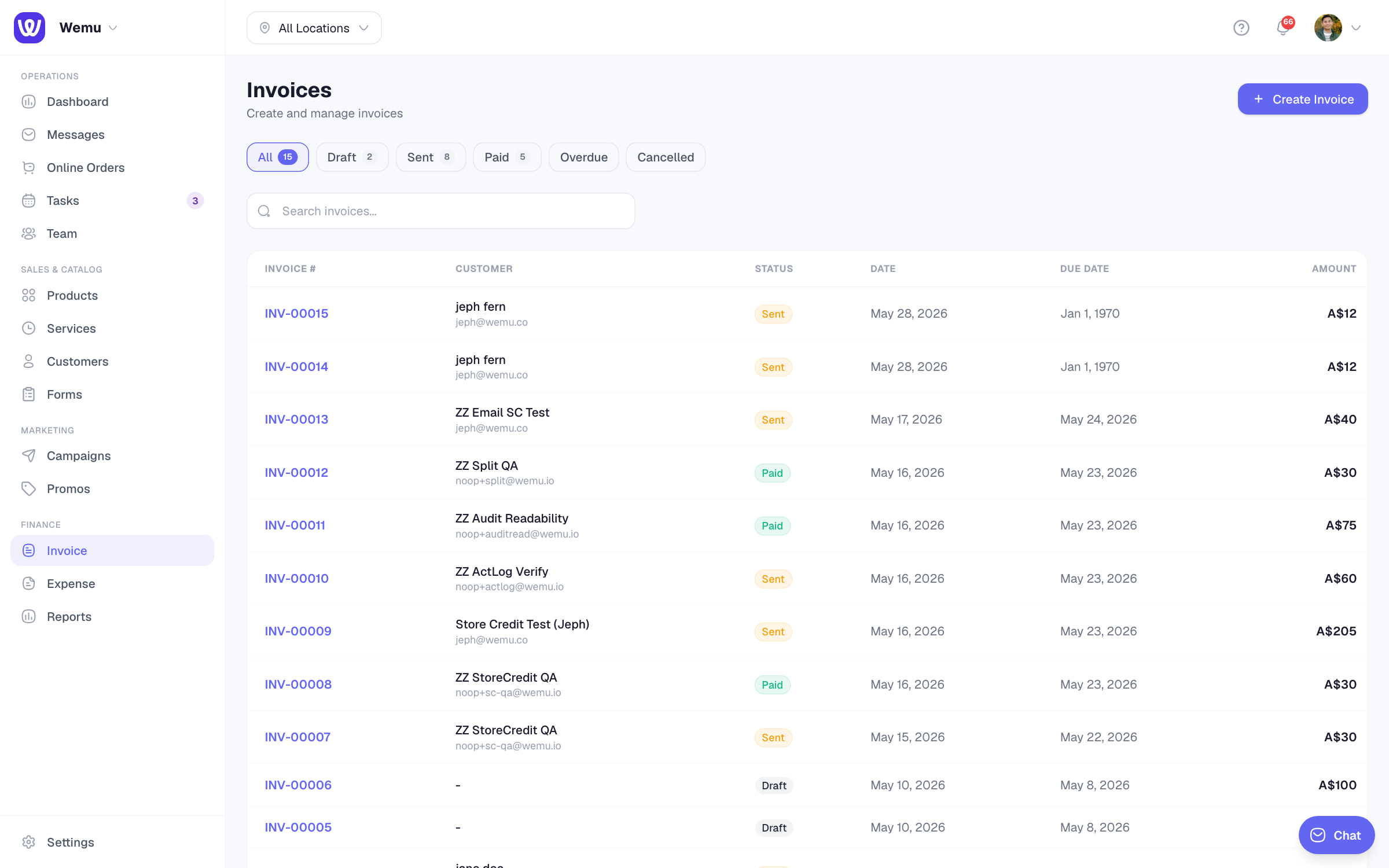 The invoice list — every invoice gets the next sequential number automatically