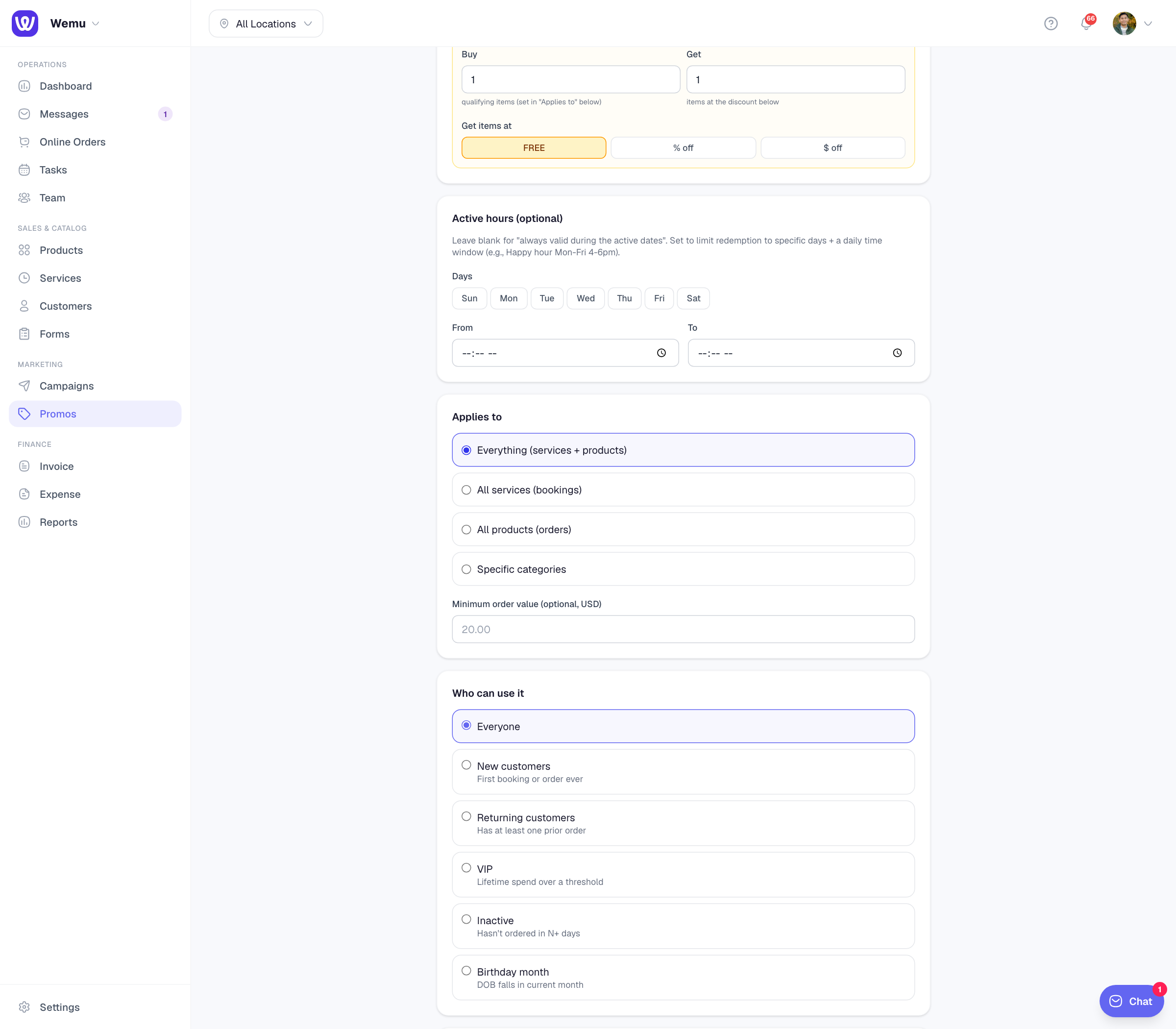 The BOGO config block showing Buy quantity, Get quantity, and "Get items at" mode (FREE / % / $)