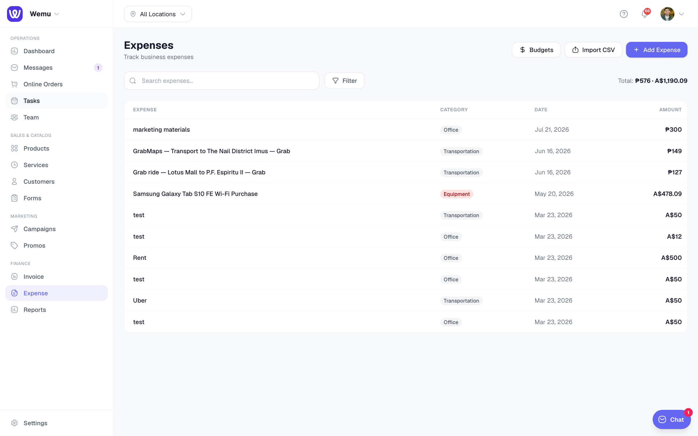 The expense list filtered by branch with branch selector dropdown