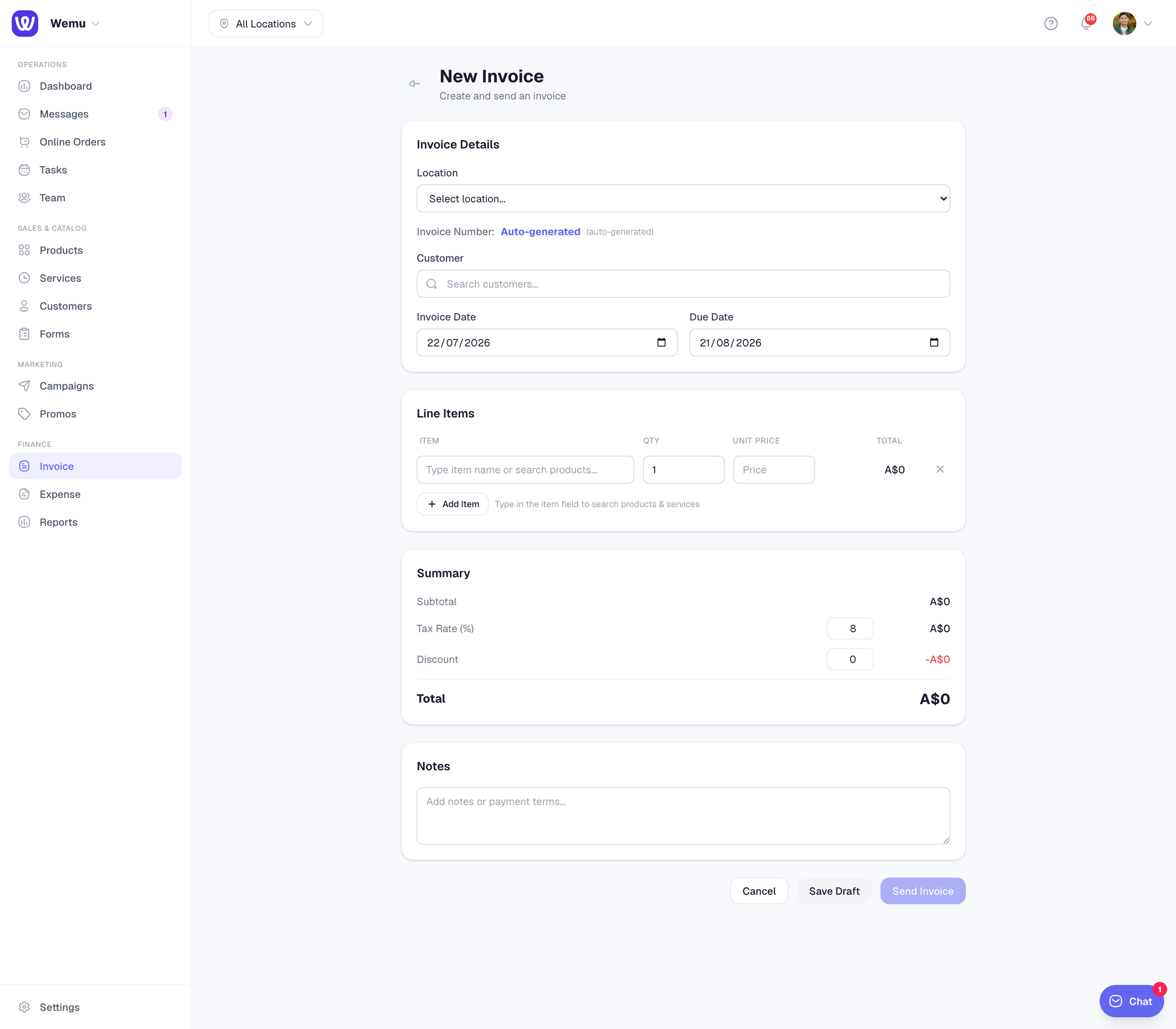 The invoice form with customer selector, line items, tax, and discount fields