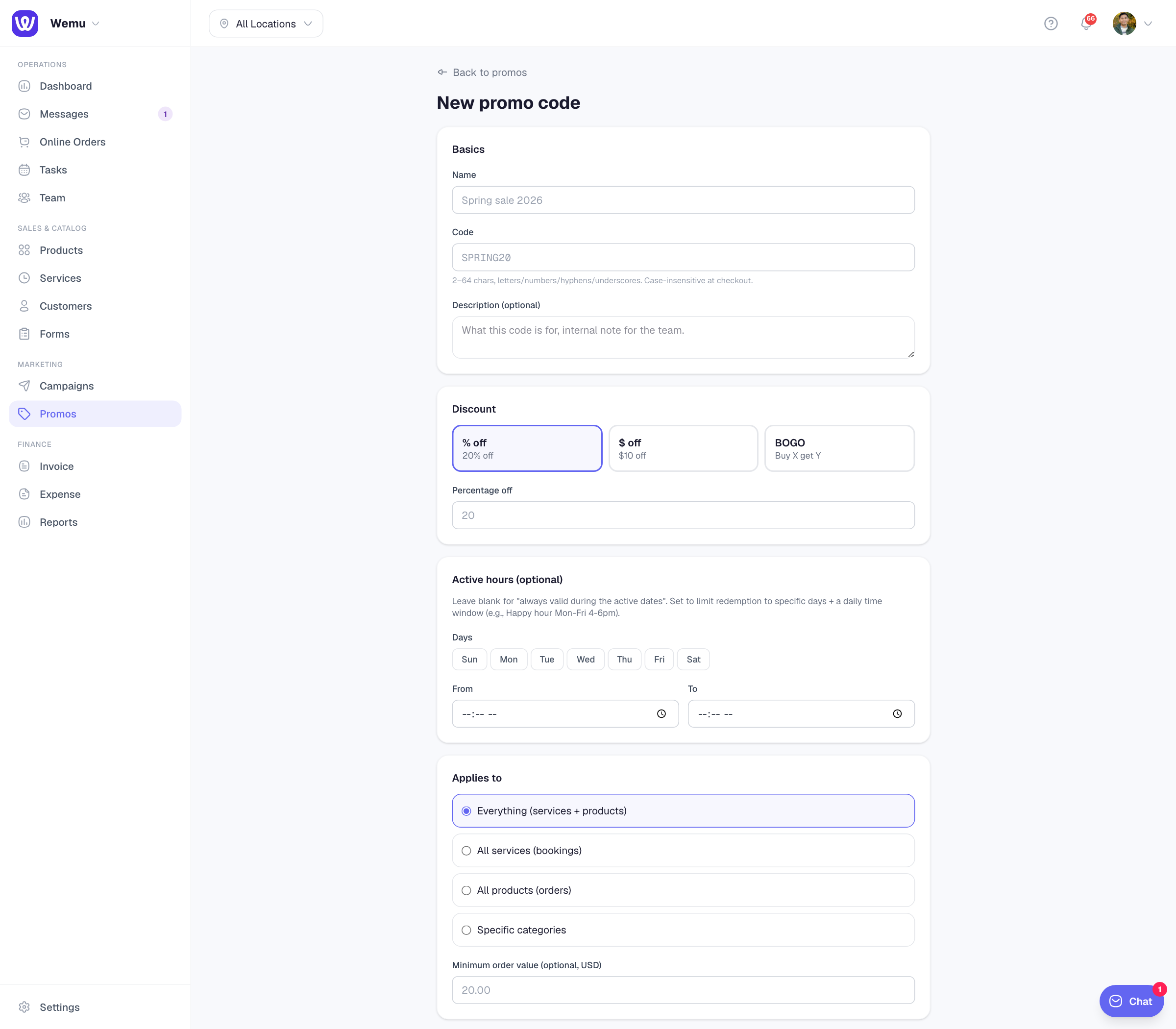 The promo creation form showing the Basics card (name, code, description) and the Discount card with type tiles (% / $ / BOGO)