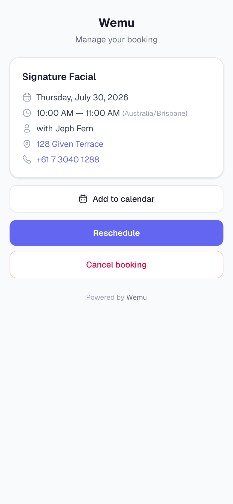 The customer manage page on a phone — booking details with Reschedule, Cancel, and Add-to-calendar link