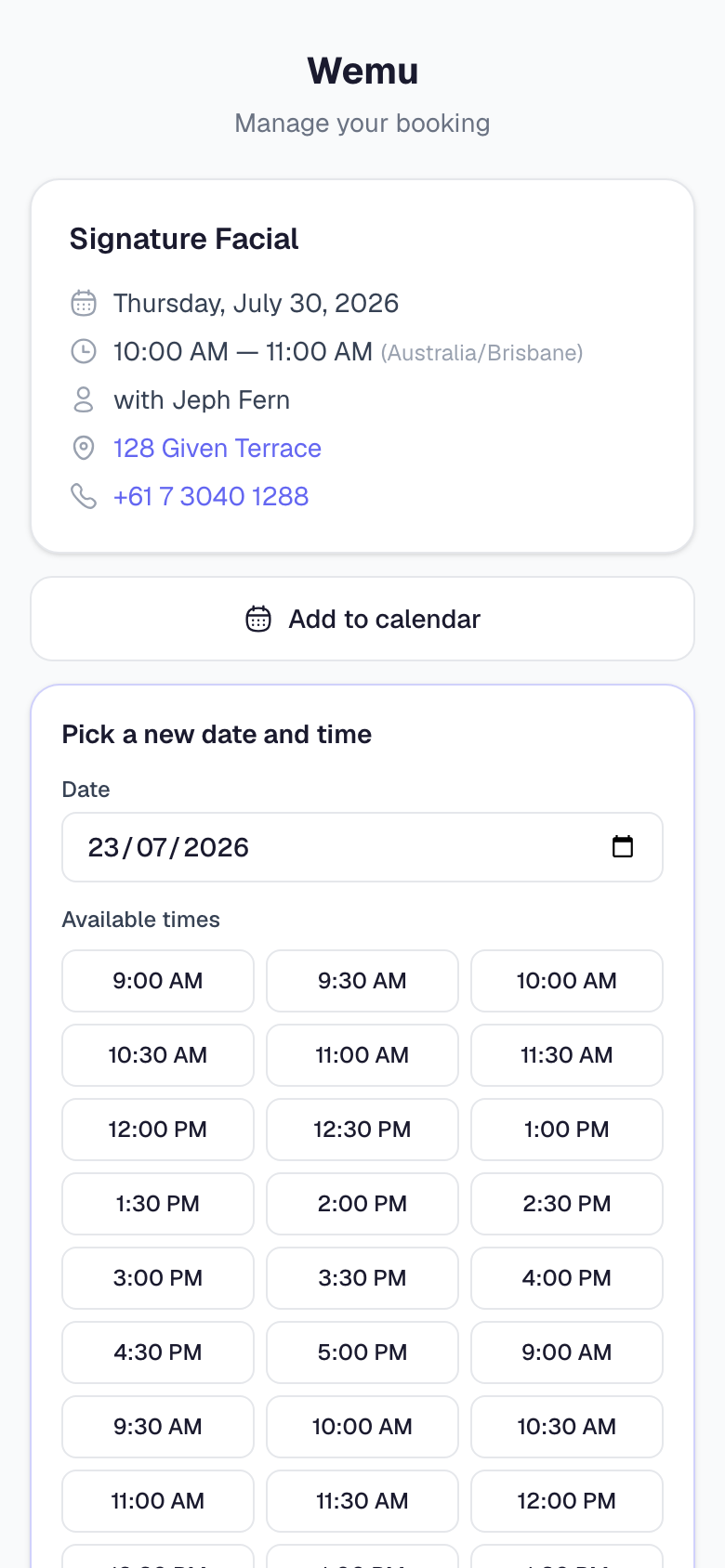 The reschedule flow — pick a new date and choose from the available time slots