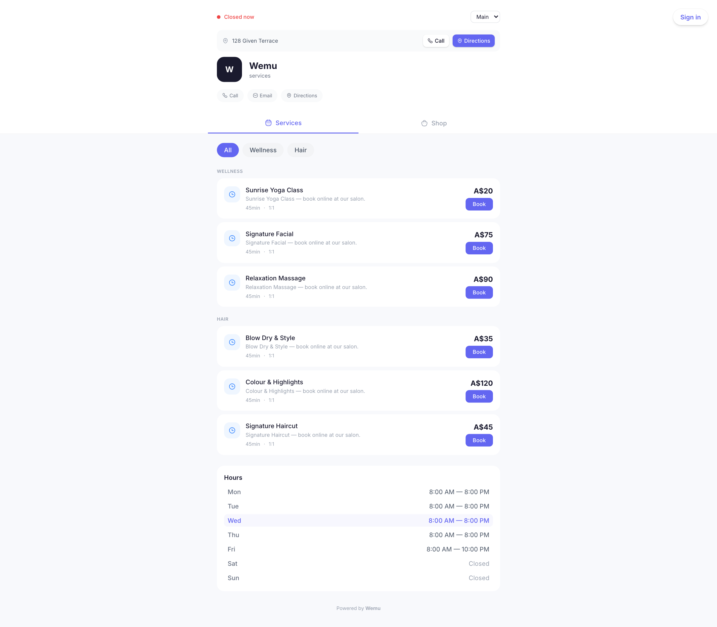 The booking page preview showing the step-by-step flow customers see