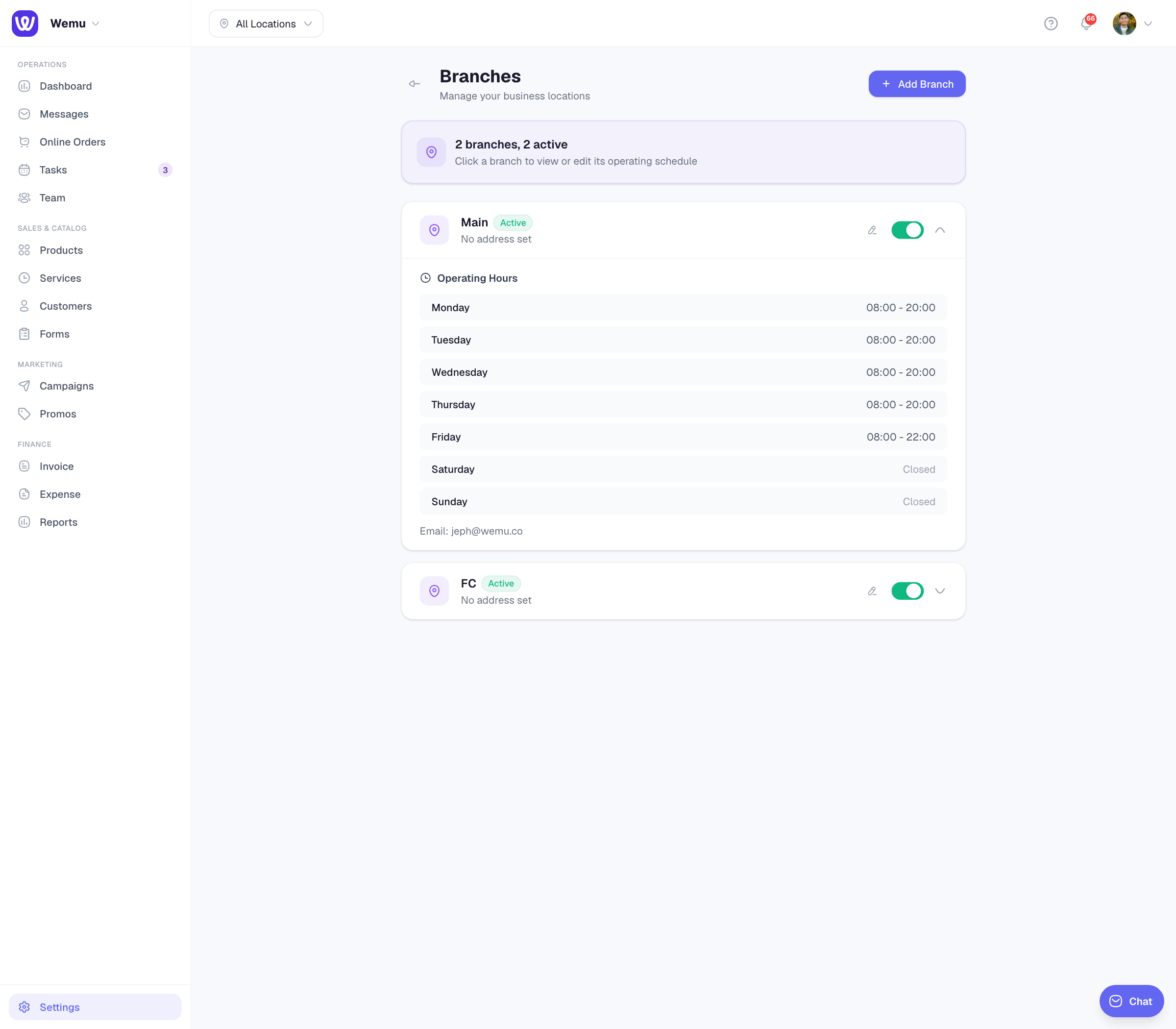 The branch editor — per-day toggles with opening and closing times for this location