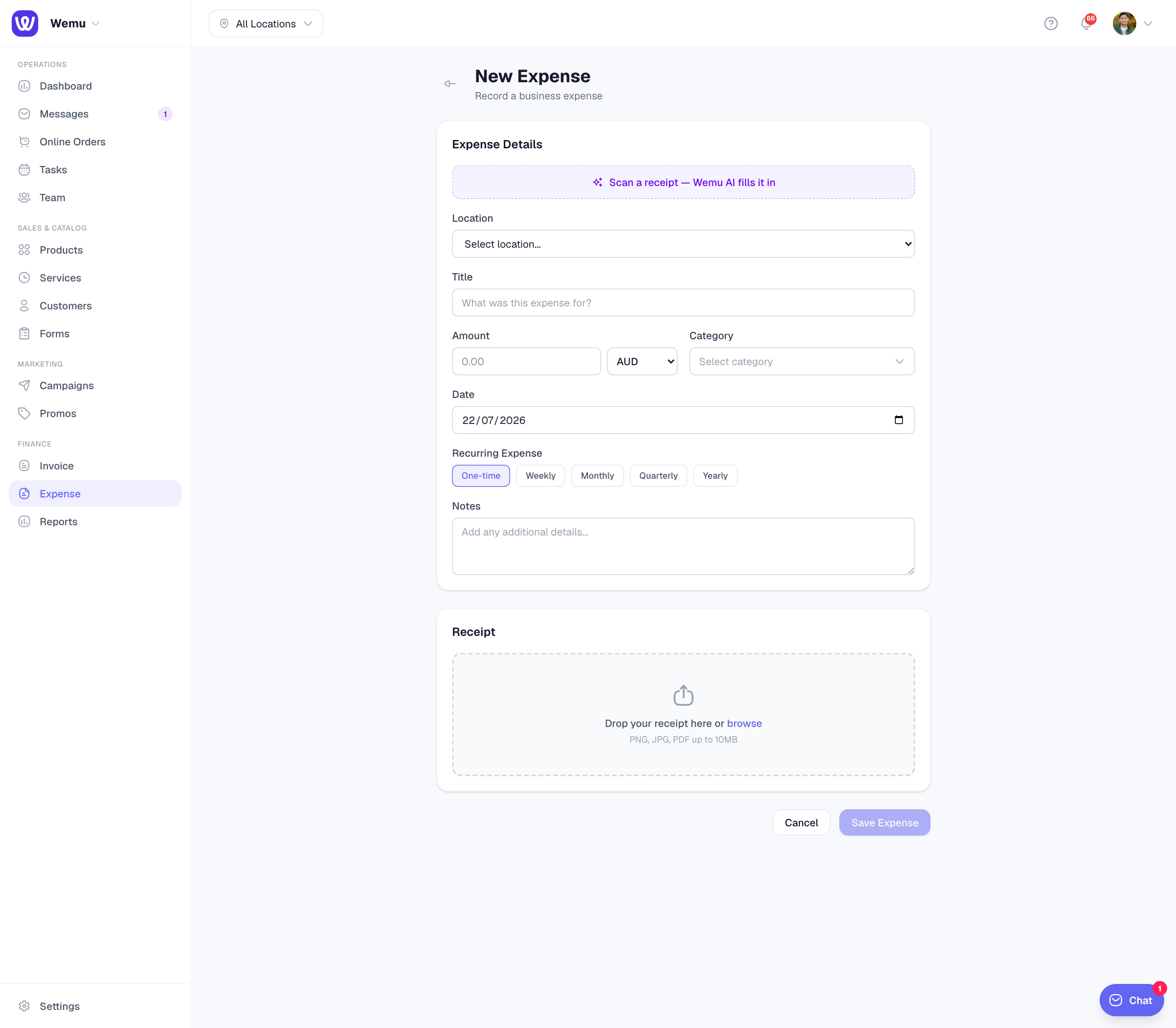 The expense form with amount, category, description, date, and receipt upload fields