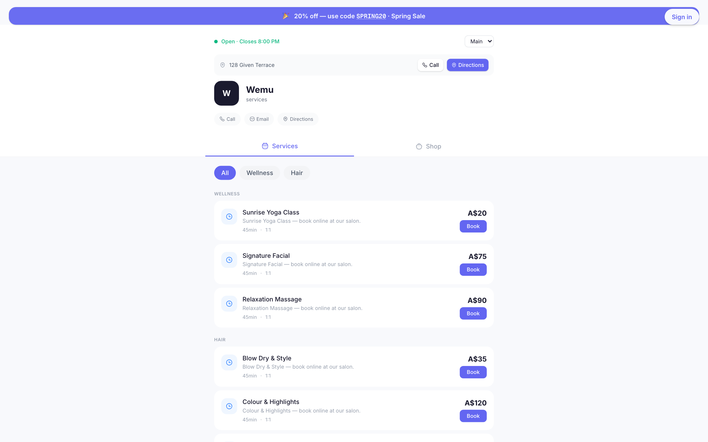 The public storefront header — customers see the live Open / Closed indicator with today's hours