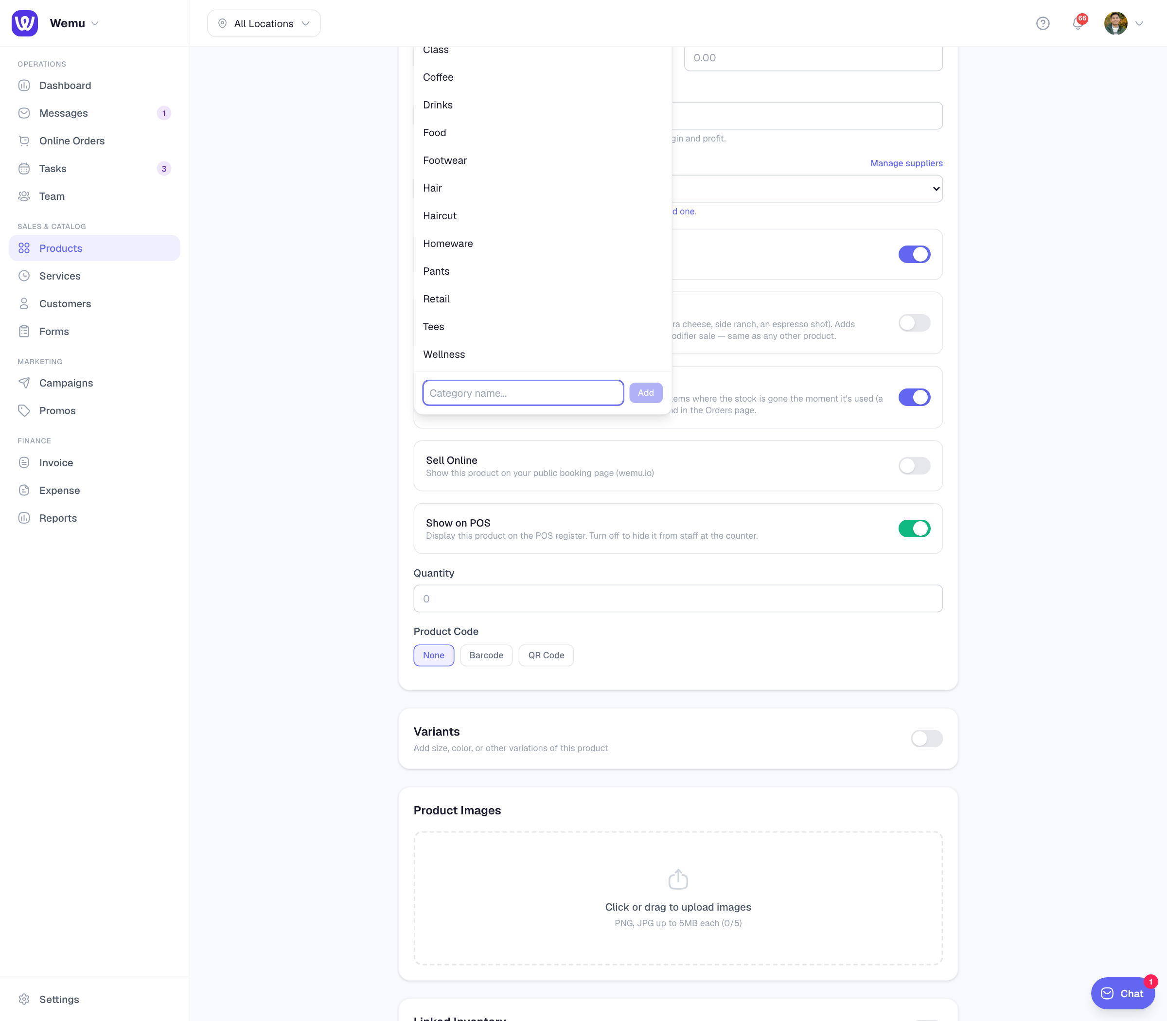 The category creation form with name, description, and color fields