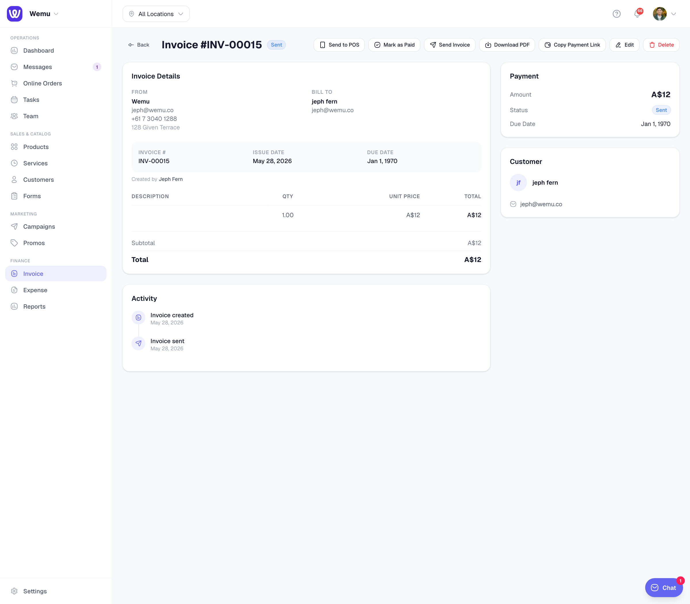 The invoice detail showing payment status badge, amount, and payment history