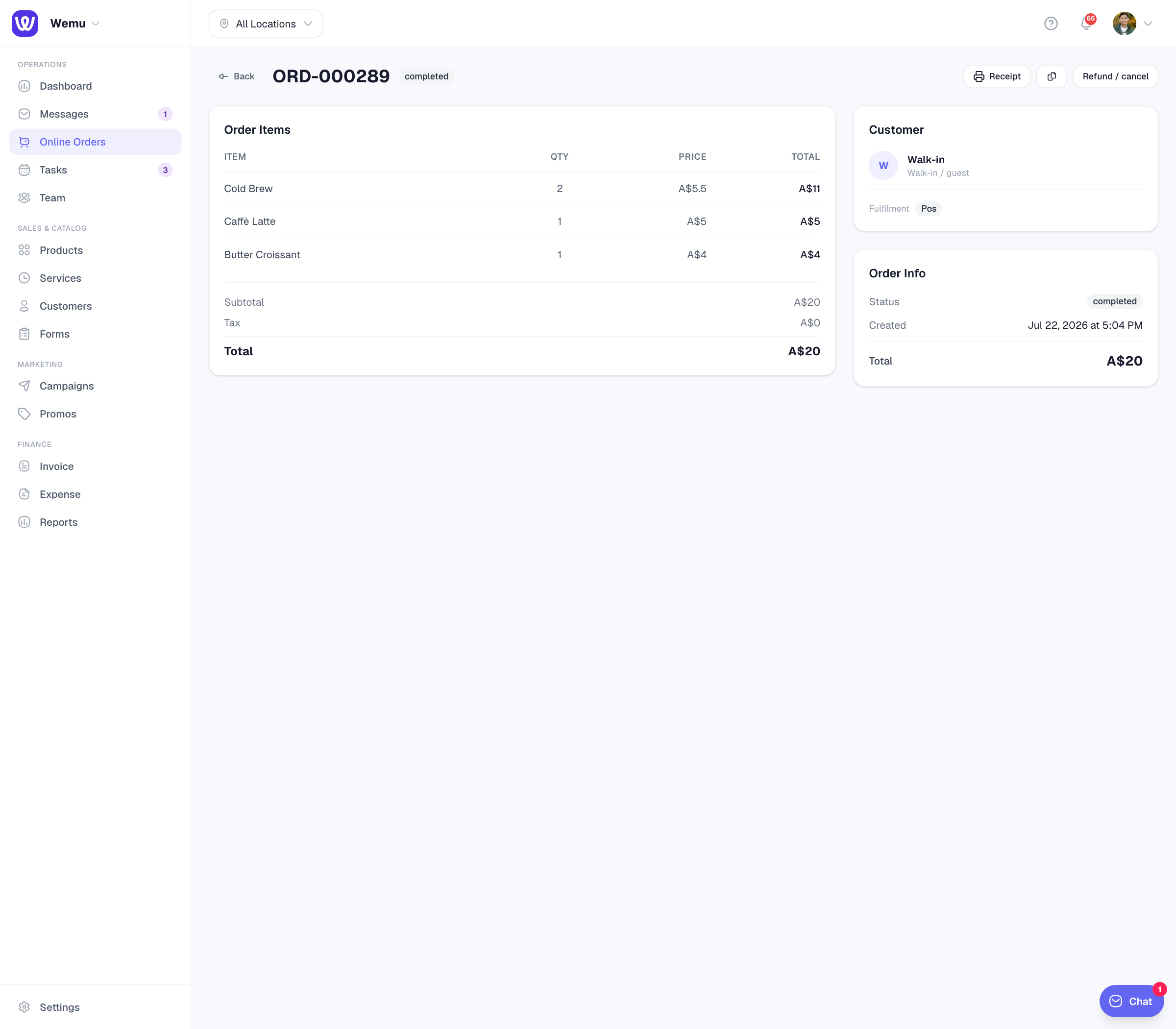 The order detail panel with the messages thread and send button