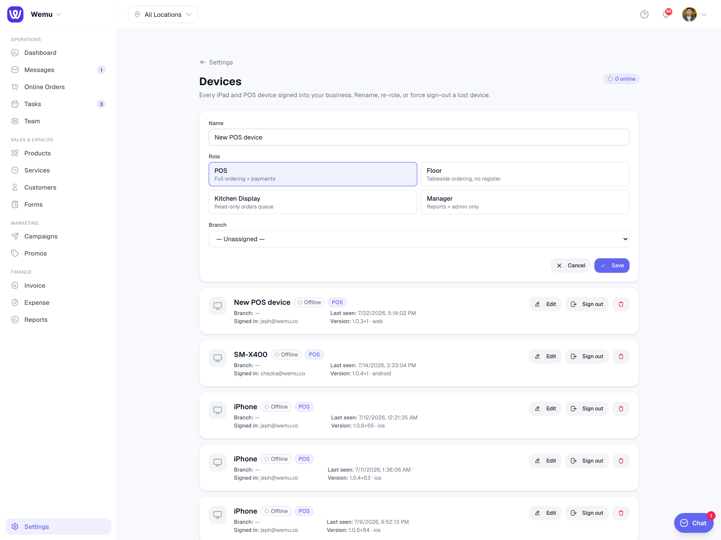 The device editor under Settings › Devices with the four role tiles — POS, Floor, Kitchen Display, and Manager — and a Save button