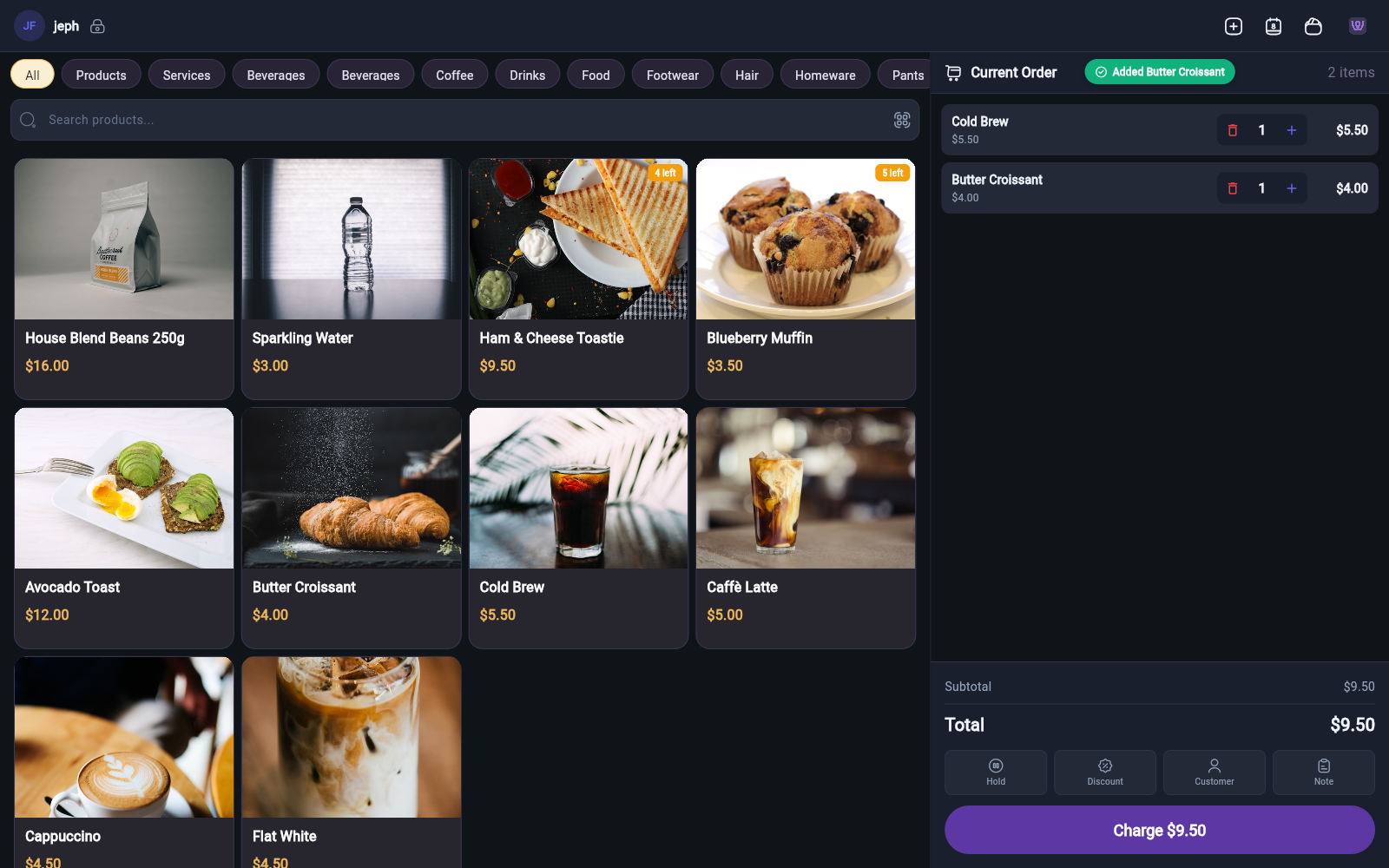 The order creation screen with item search, customer selection, and payment options