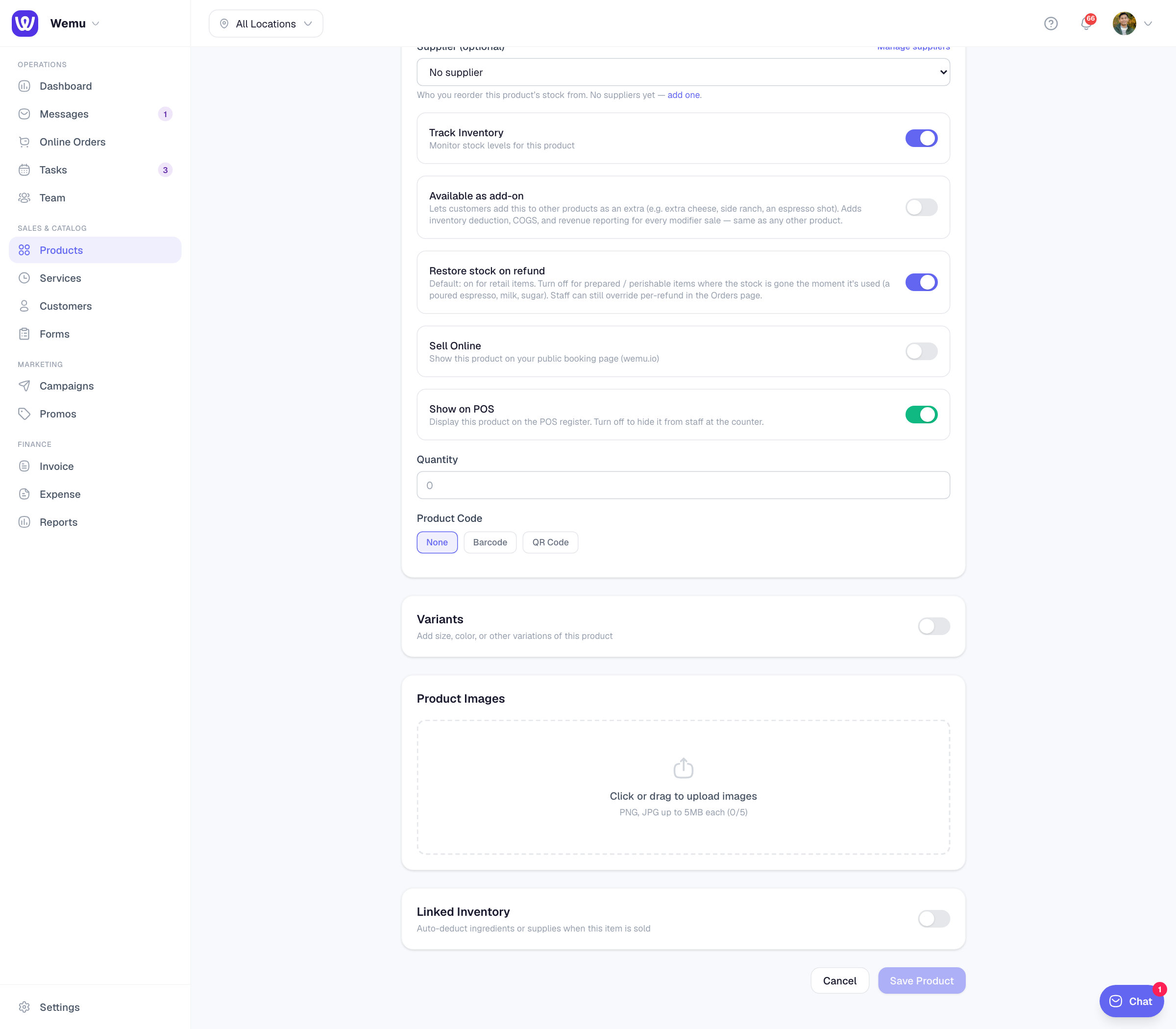The variant editor showing variant name, selling price, cost price, and stock fields