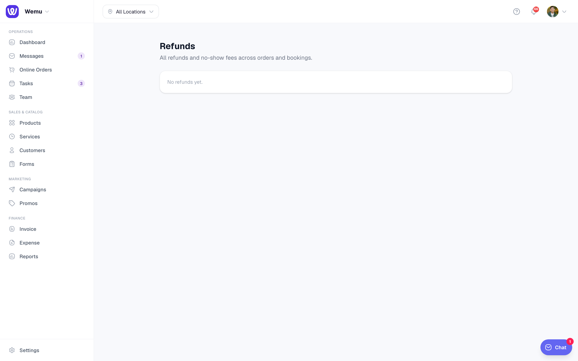 The refund dialog with full/partial options, refund method, and reason field