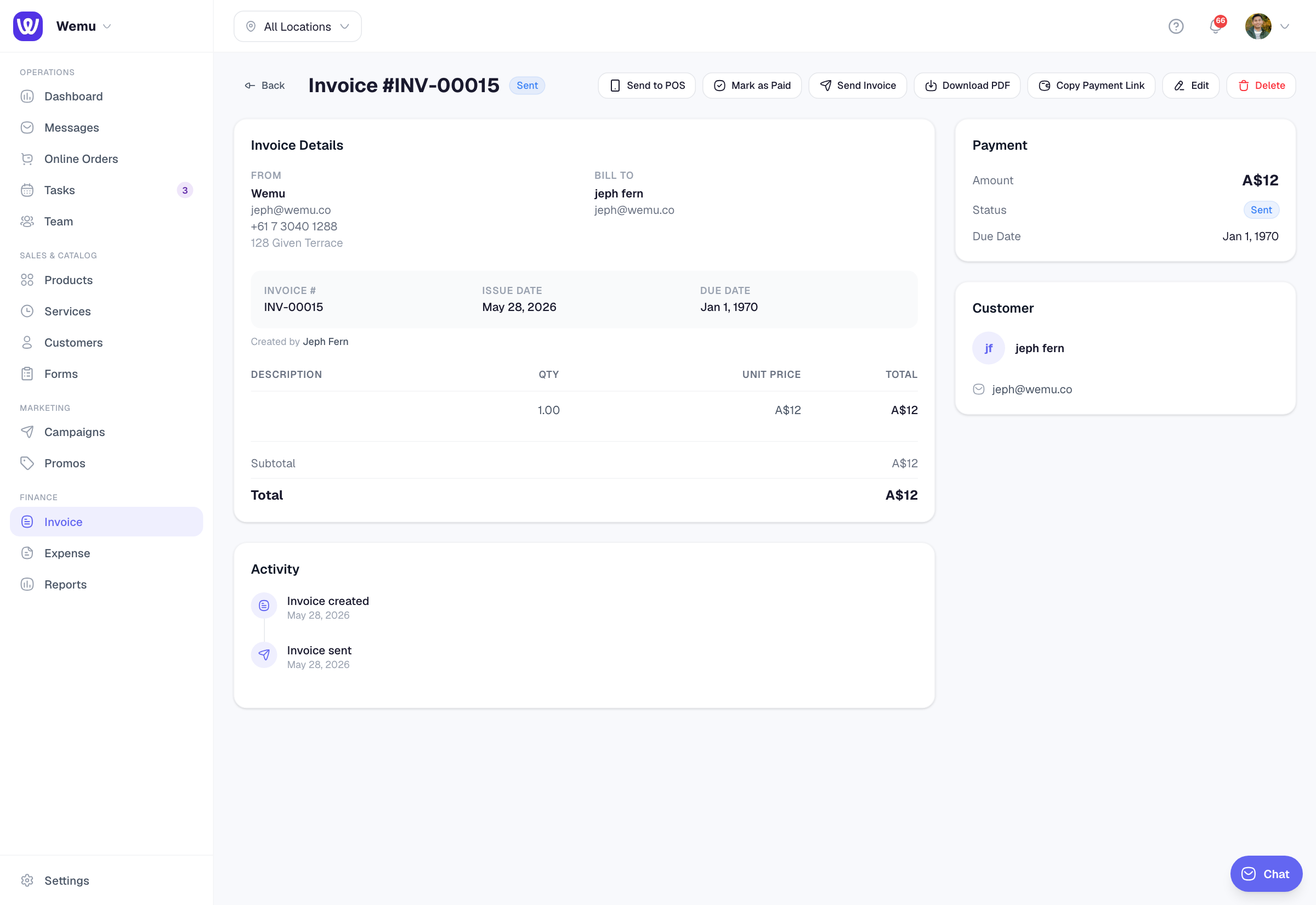 The invoice detail — Send Invoice, Download PDF, and Copy Payment Link all live in the top action bar