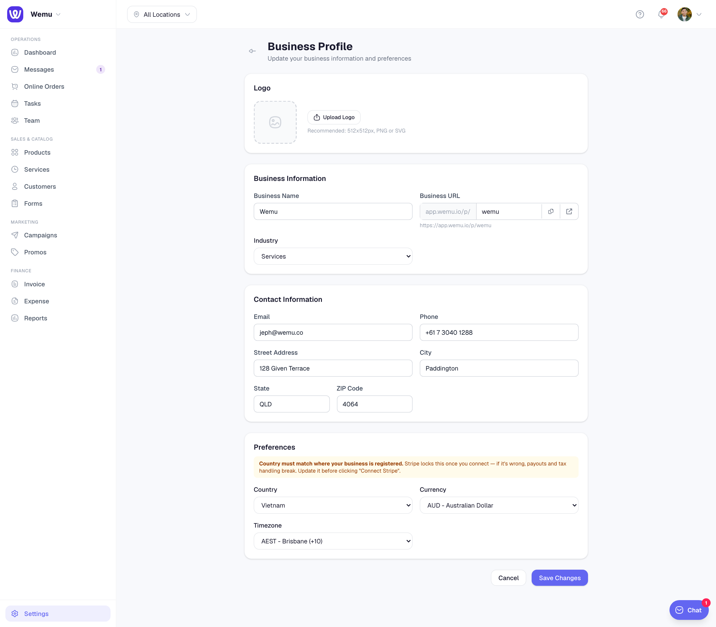 The business profile setup with URL, logo, cover photo, and description fields