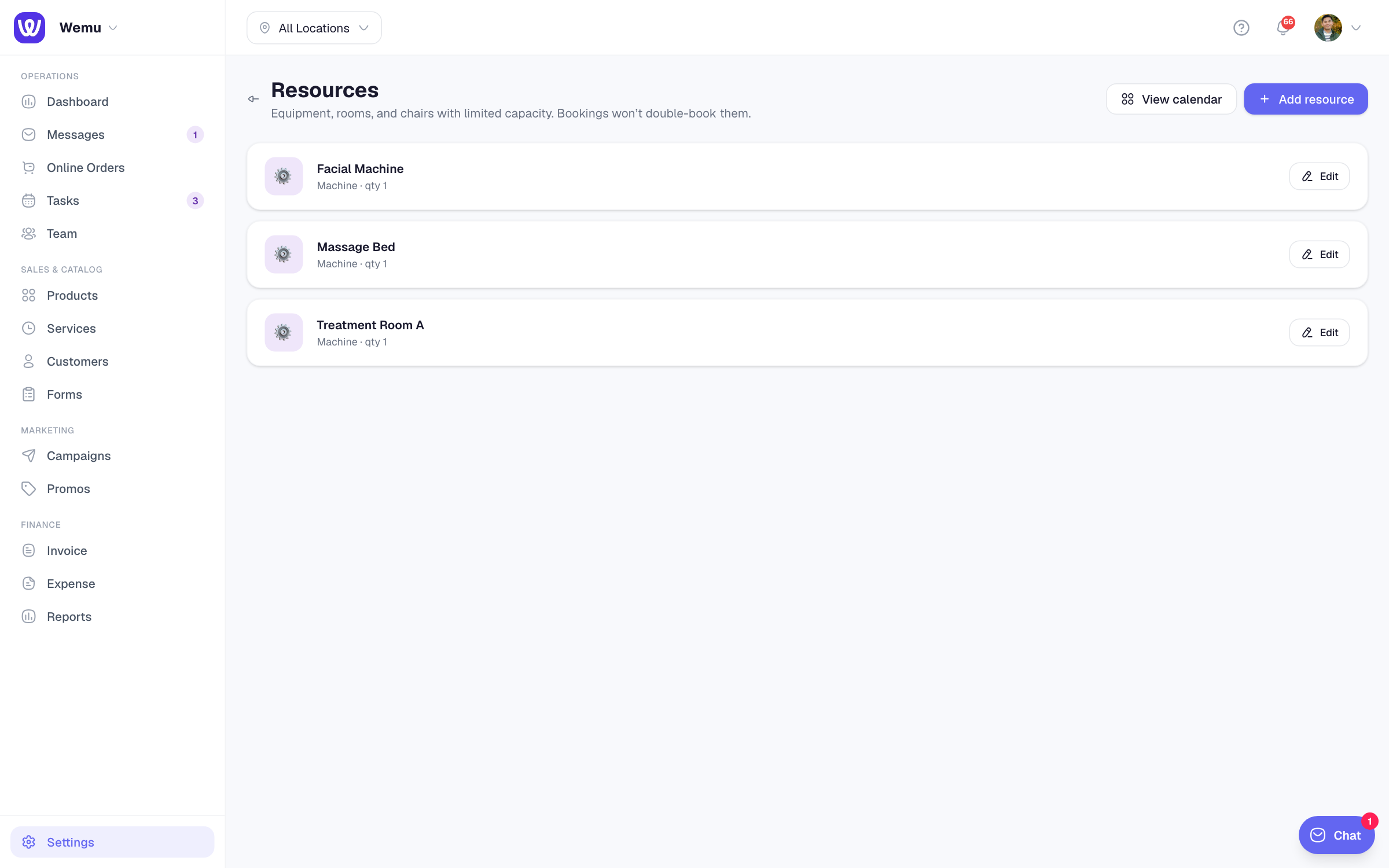 The resources list page showing rows for "Facial machine", "Treatment room A", "Wash bay 1" with status indicators