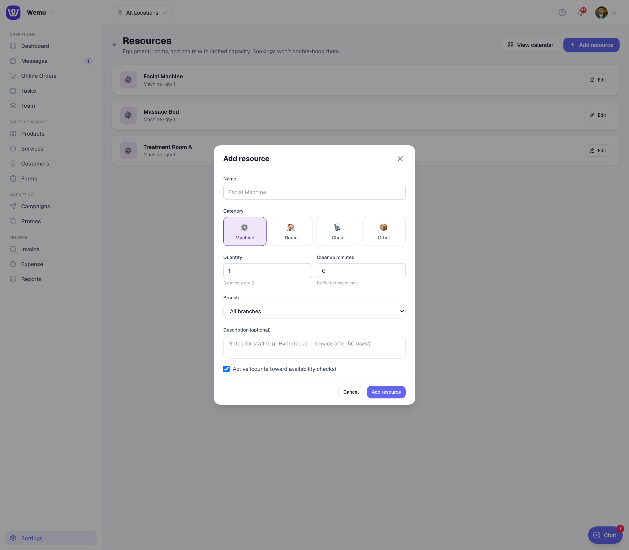 The resource creation form with name, type dropdown, capacity, and active toggle