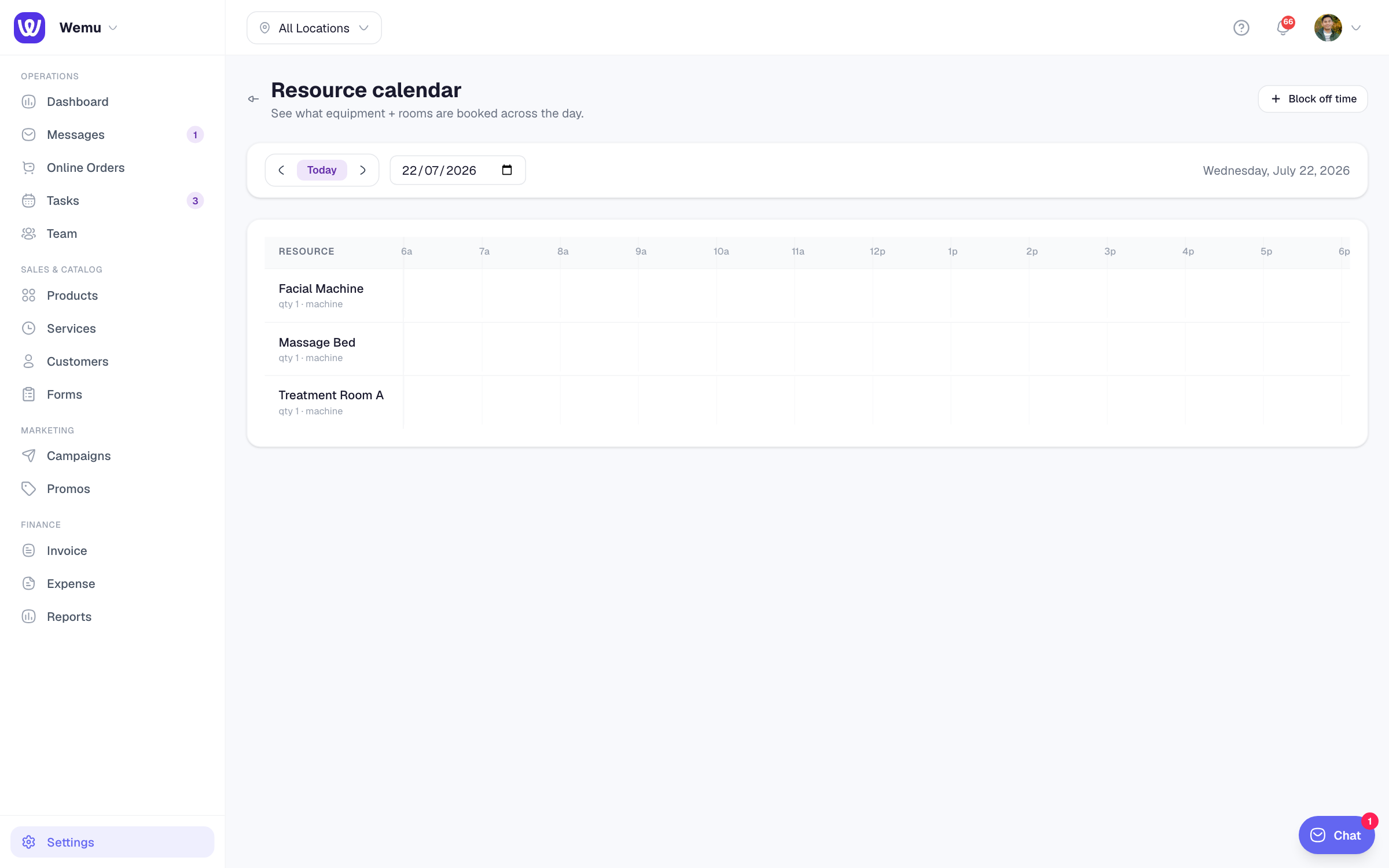 The swimlane calendar showing each resource as a horizontal lane with booking blocks at their actual start/end times across the day