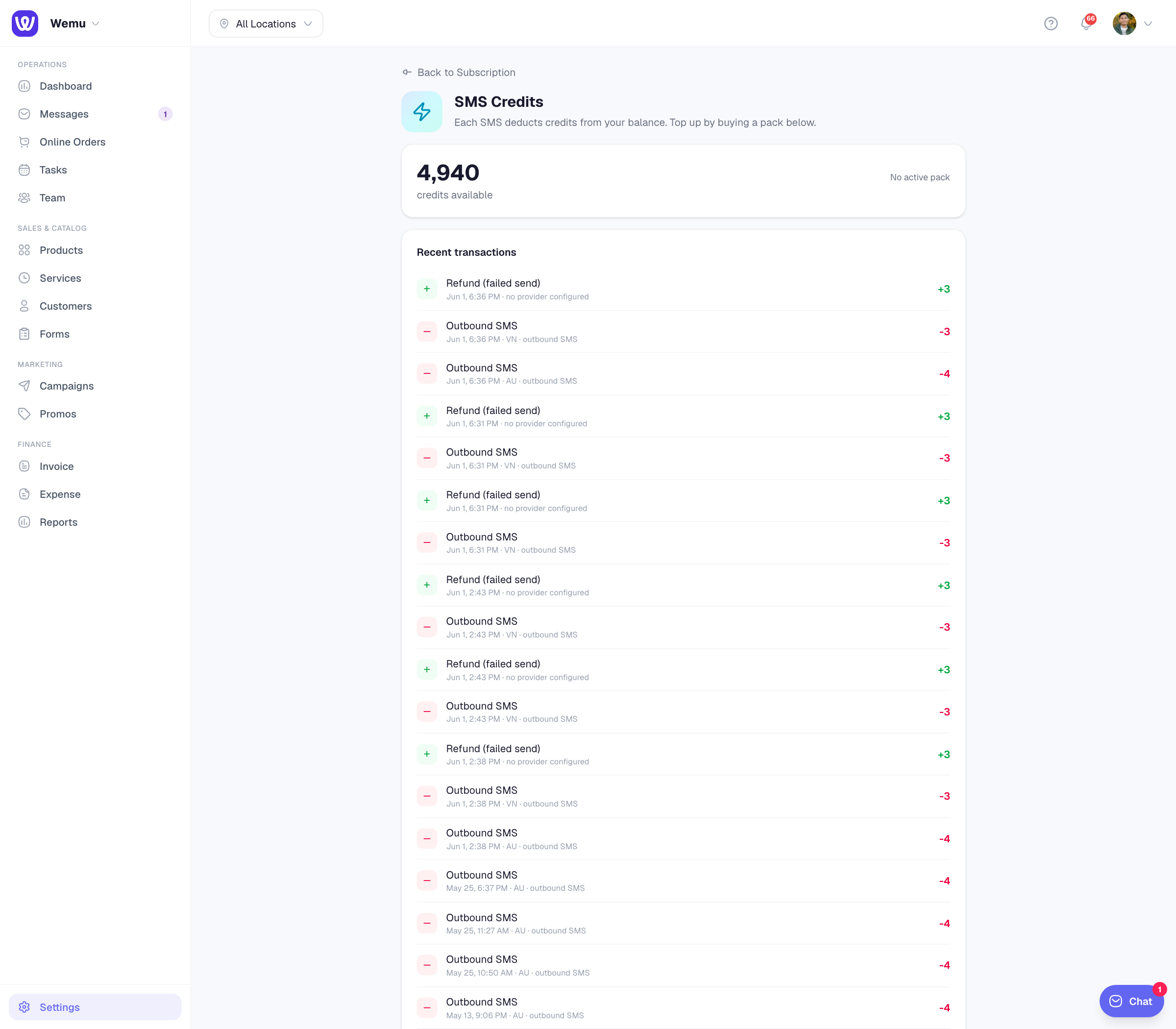 The SMS Marketing settings page showing the credit balance, provider connections, and "Send a test SMS" form