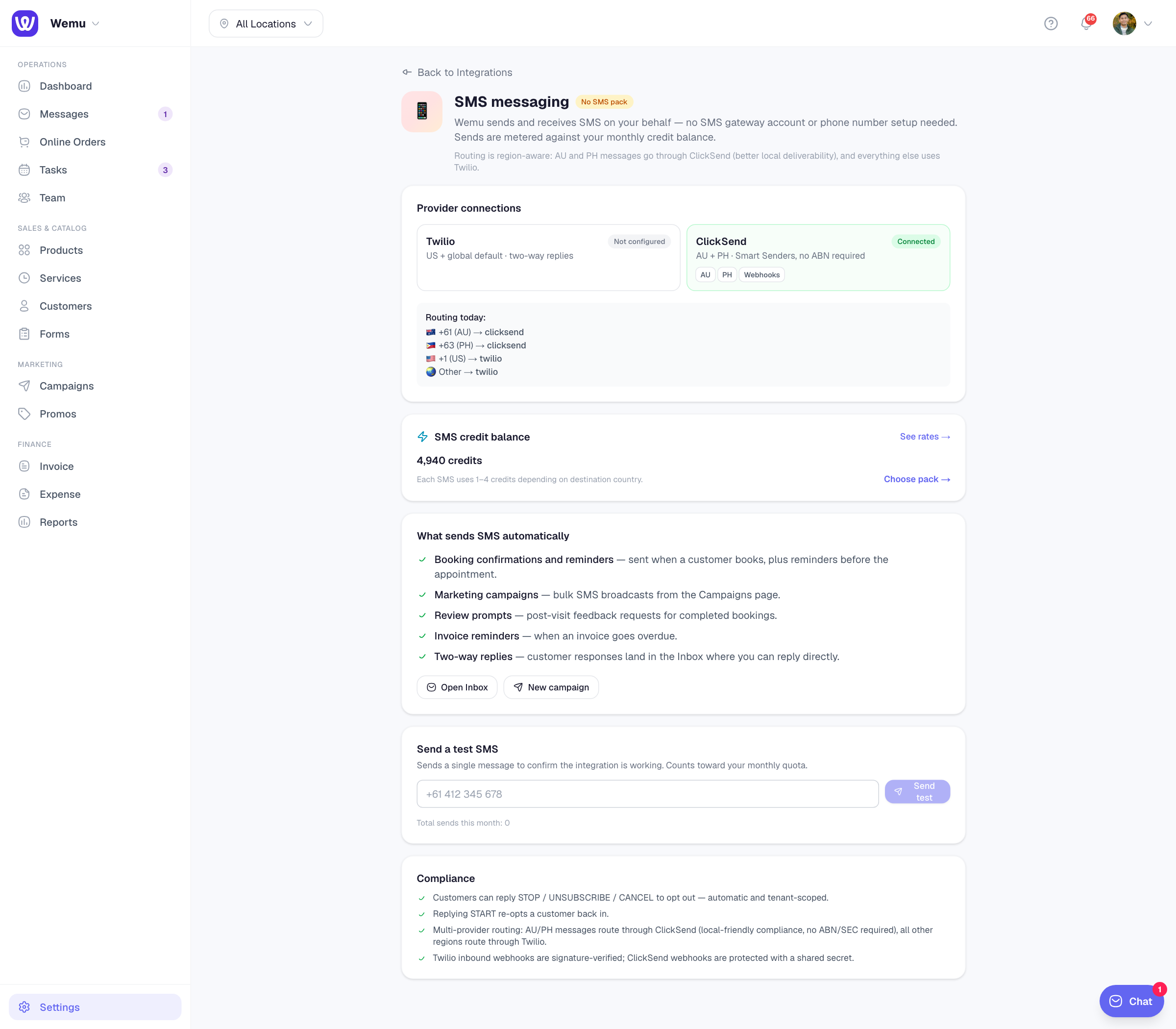 The "Provider connections" panel showing Twilio + ClickSend status badges and the routing map