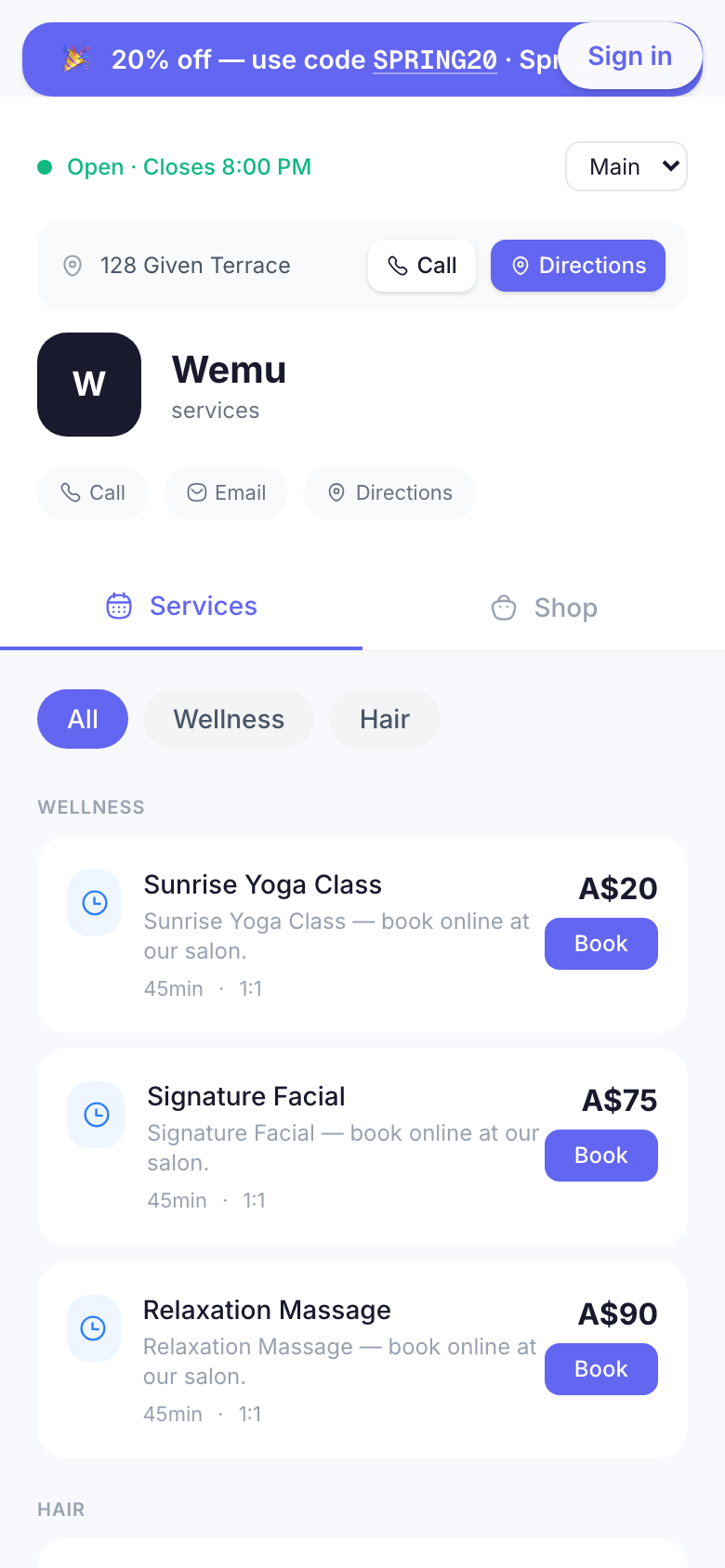 The storefront banner strip on mobile — "🎉 20% off — use code SPRING20"