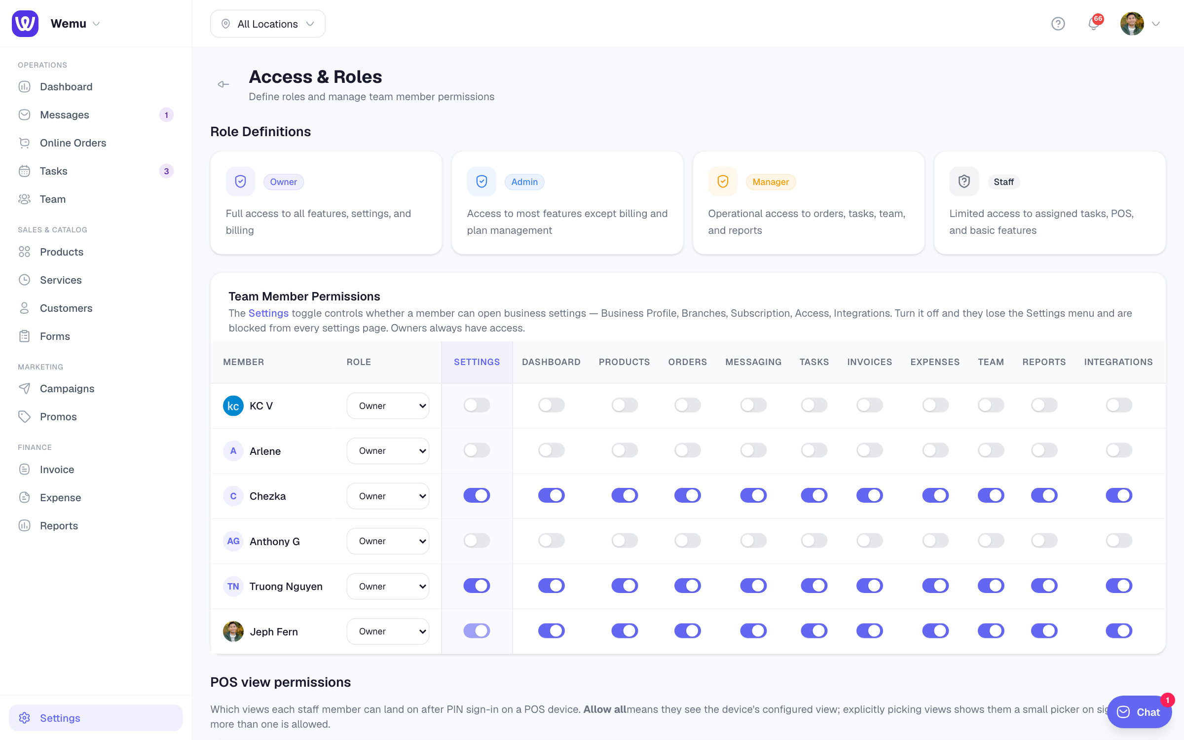 The permissions editor with feature toggles for each role