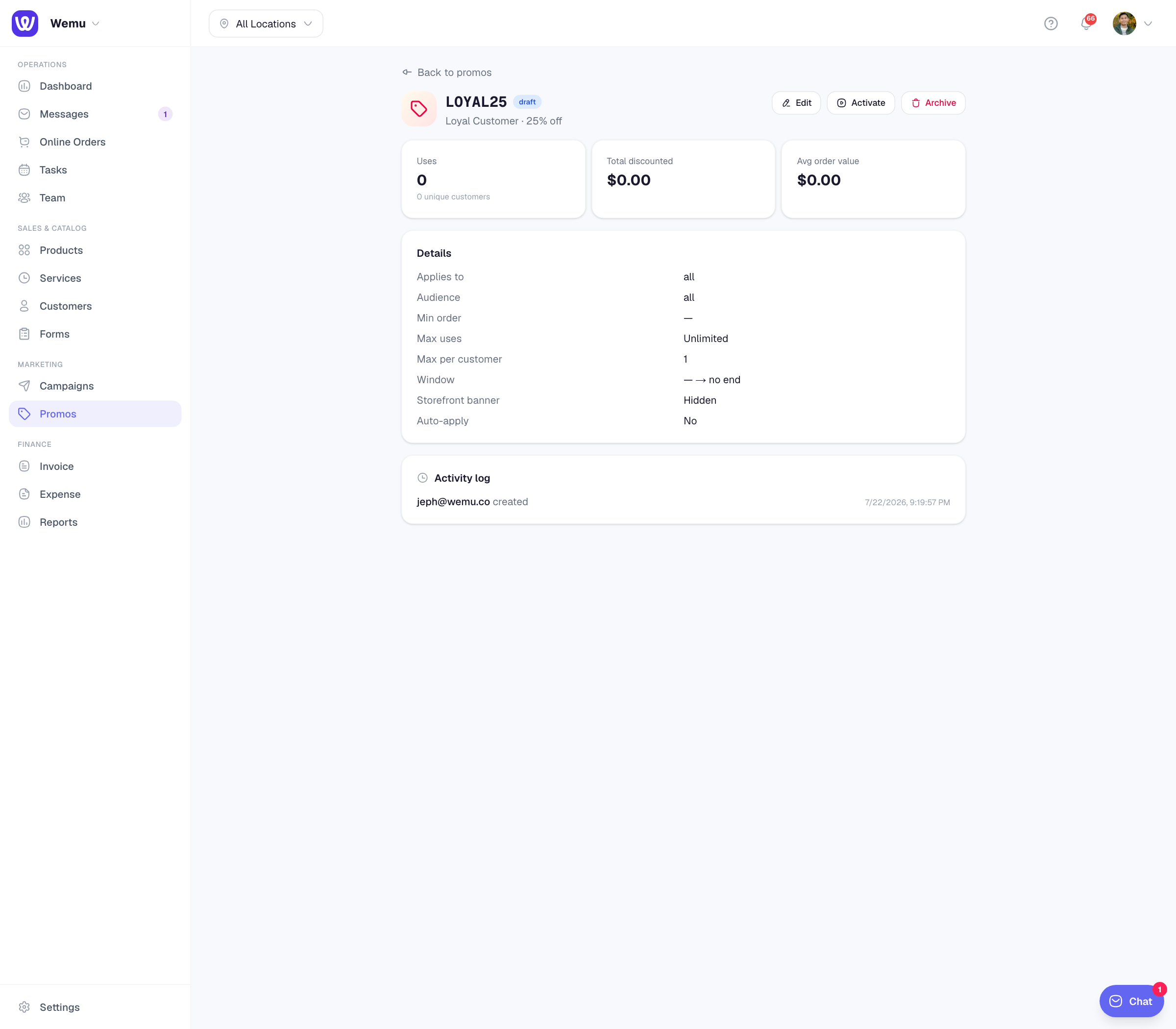 The promo detail page showing three metric cards (Uses / Total discounted / Avg order value), the Details list, and the Activity log below