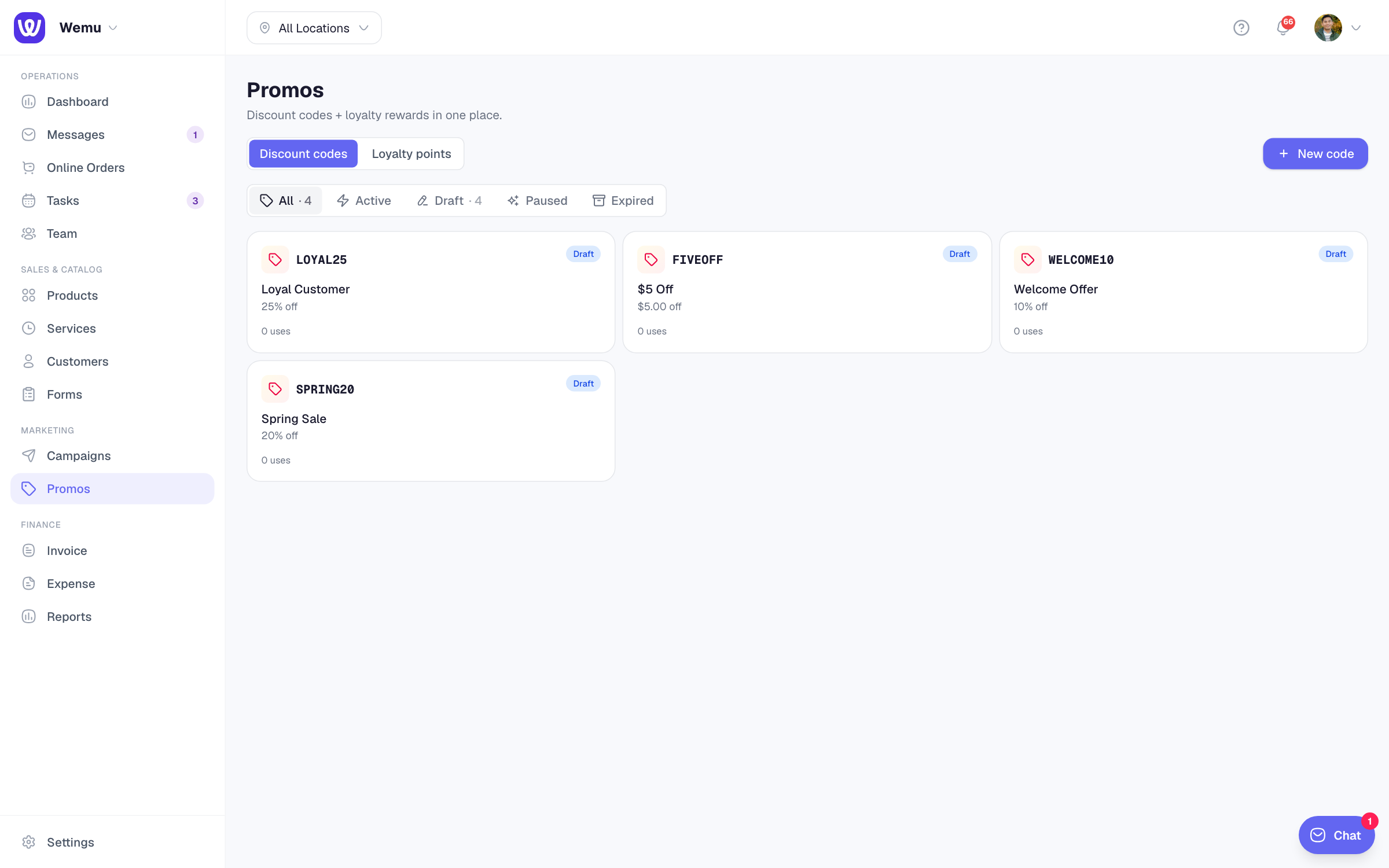 The status segmented control with five tabs: All · Active · Draft · Paused · Expired