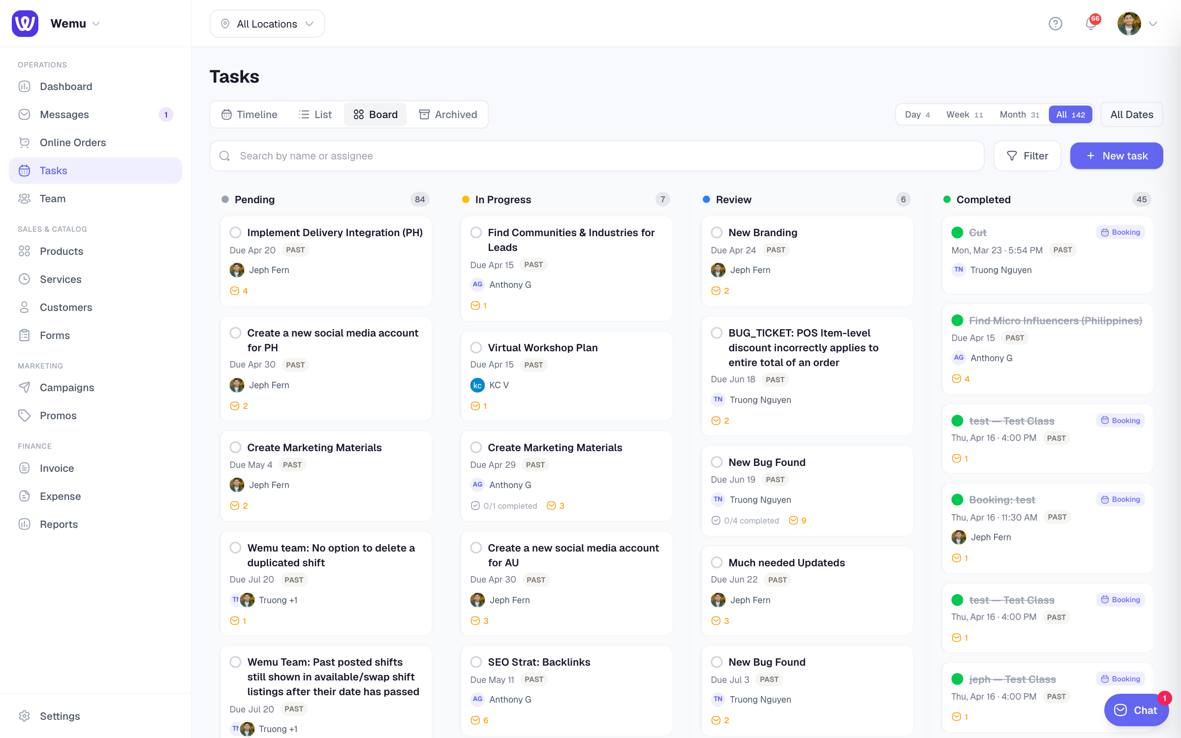 The Kanban board with task cards in Pending, In Progress, Review, and Completed columns