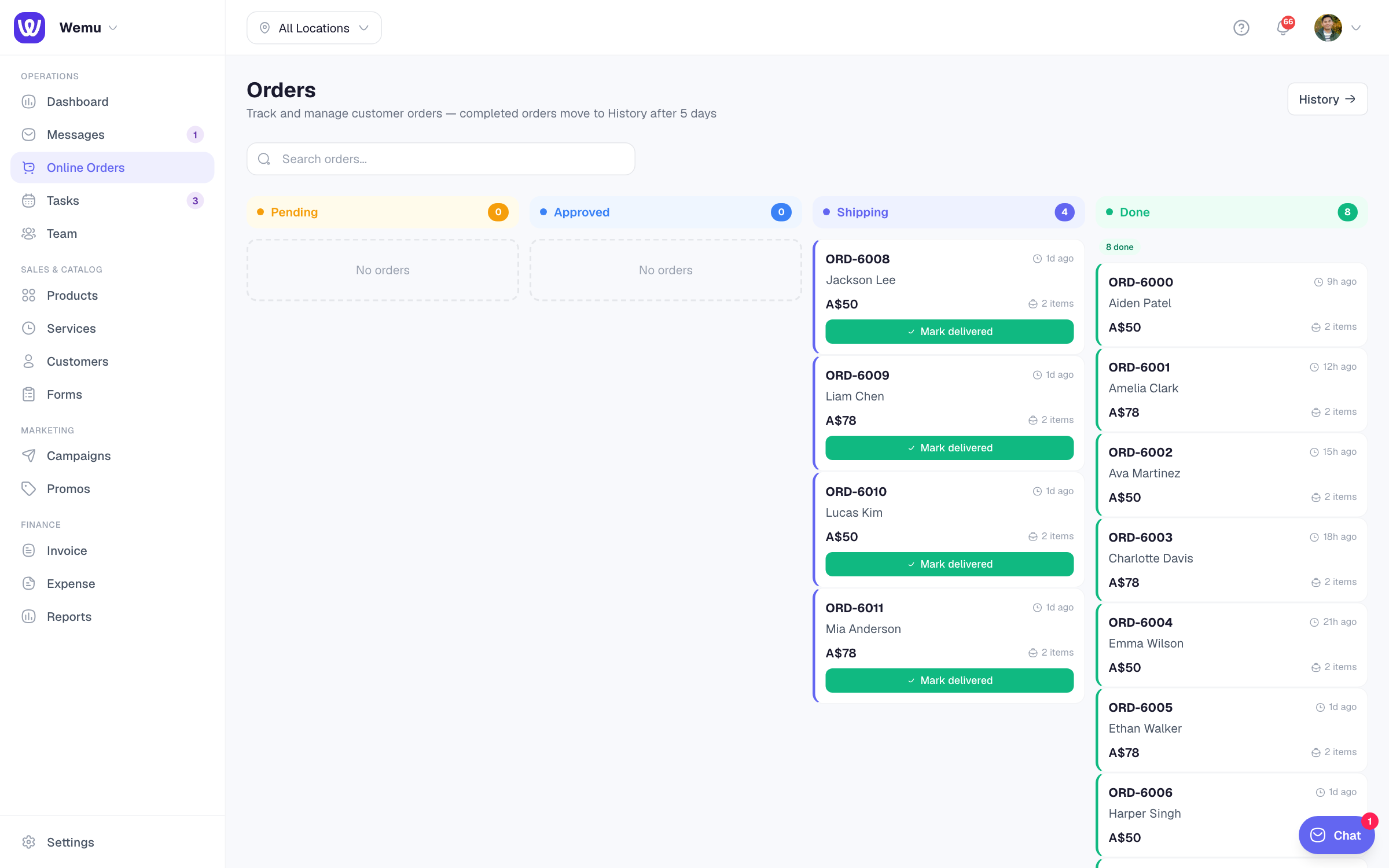 The Kanban board with order cards organized in Pending, Approved, Shipping, and Done columns