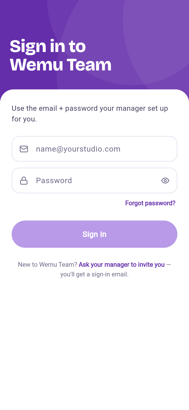 The Wemu Team app sign-in screen with email and password fields
