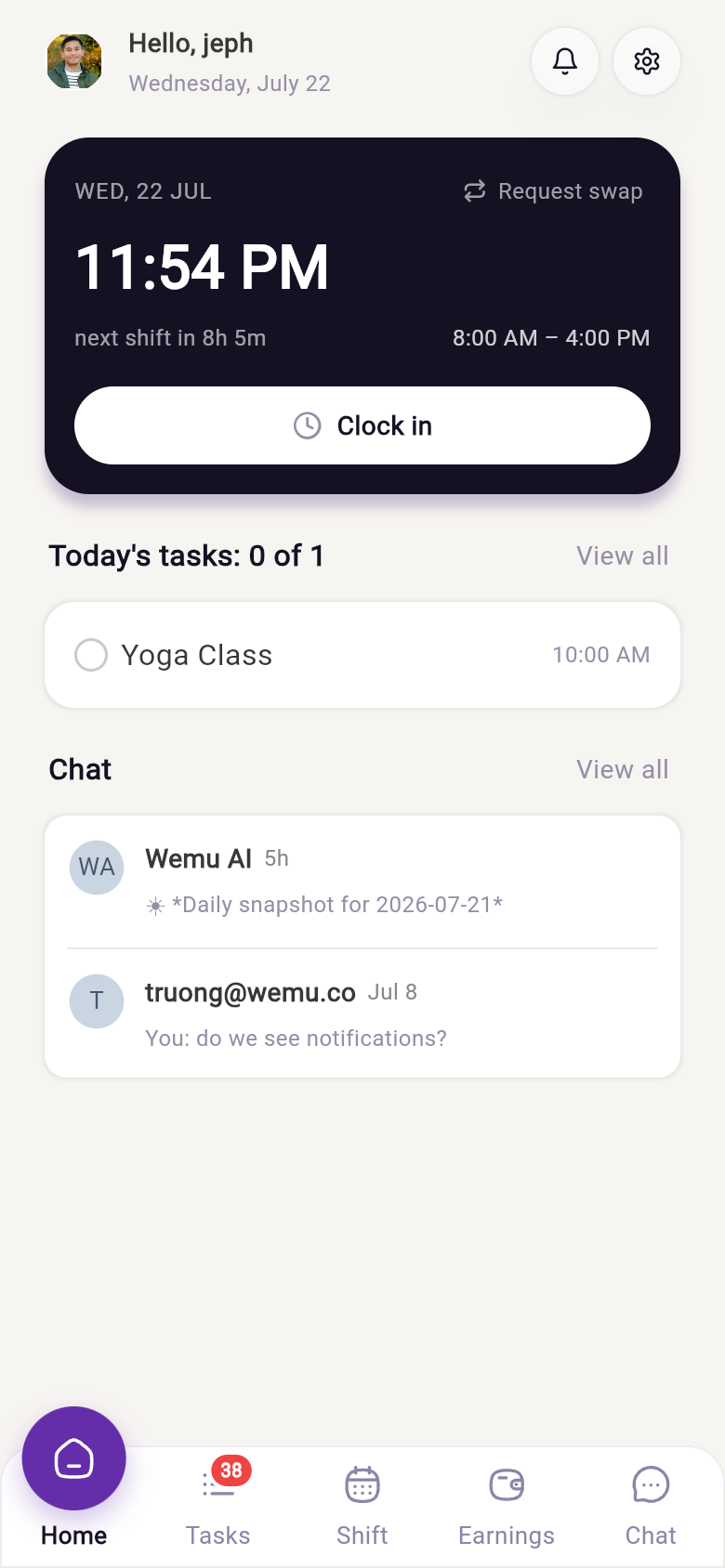 The Team app home screen — today's shift card with Clock in, tasks, and chat