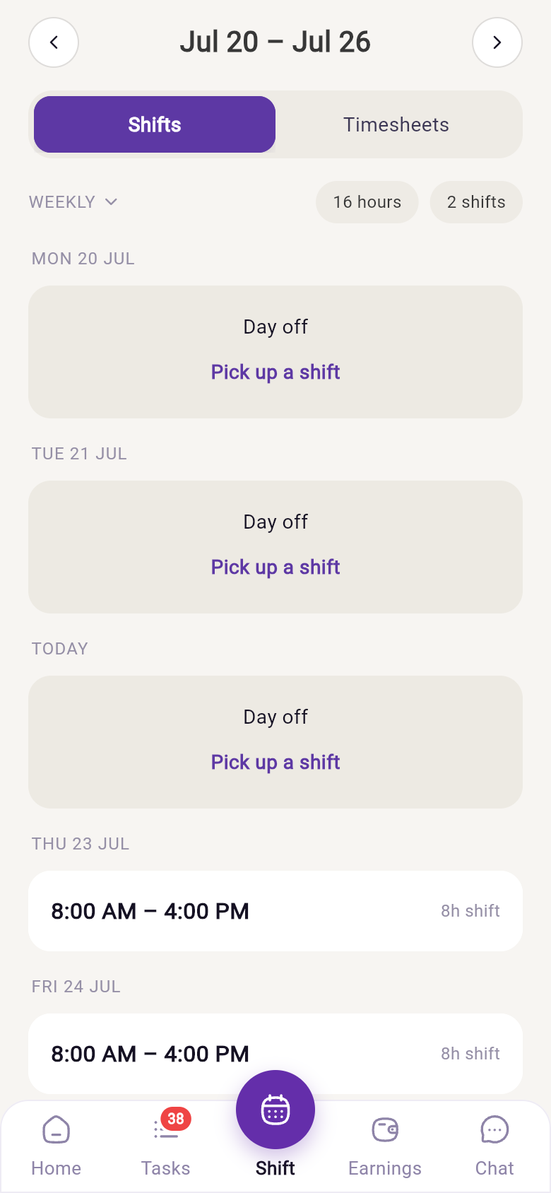 The Team app Shift tab — weekly roster with Timesheets and Pick-up-a-shift options