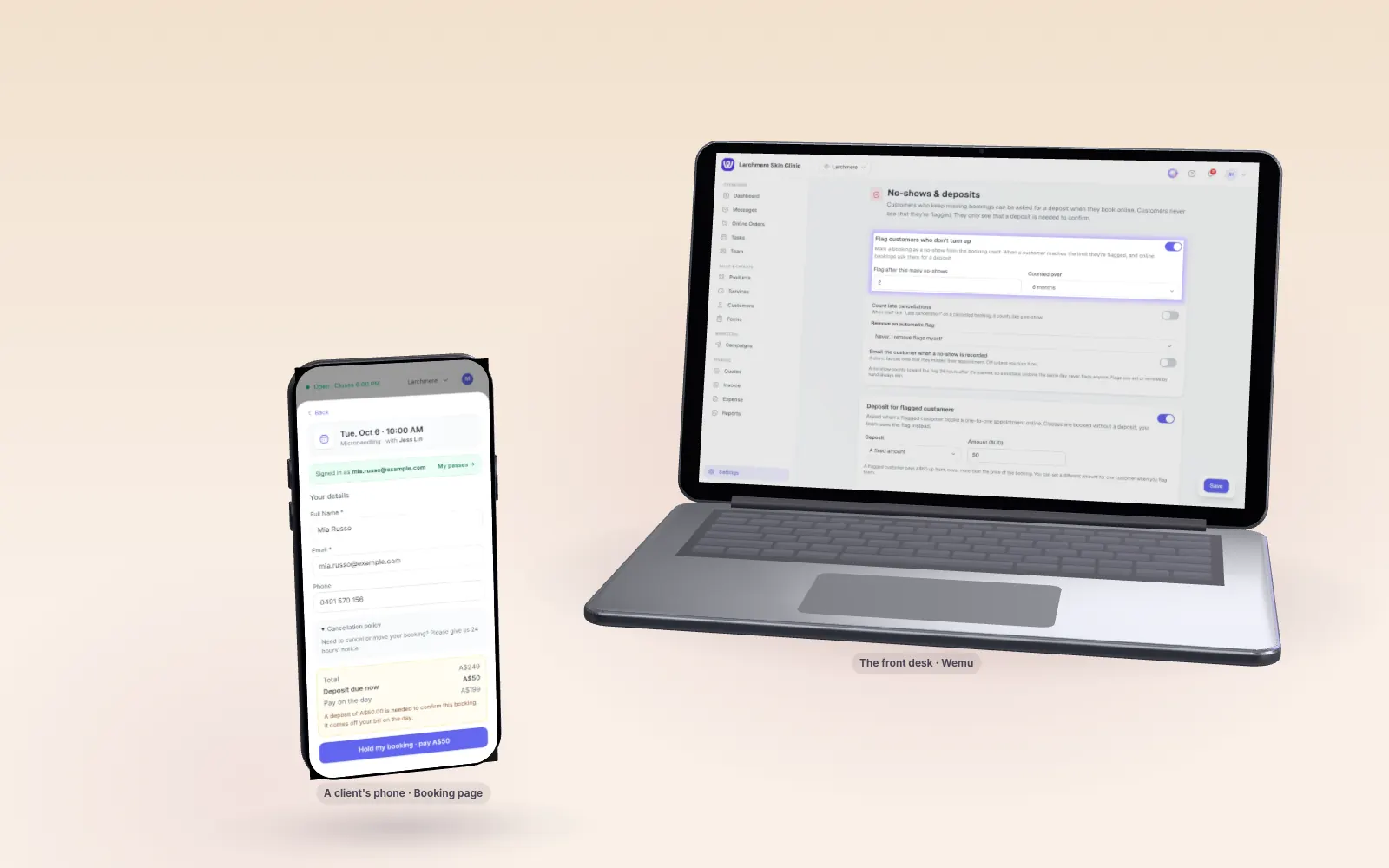 A client's phone asking for a A$50 deposit to hold a booking, beside the front desk laptop showing Larchmere's no-show rules