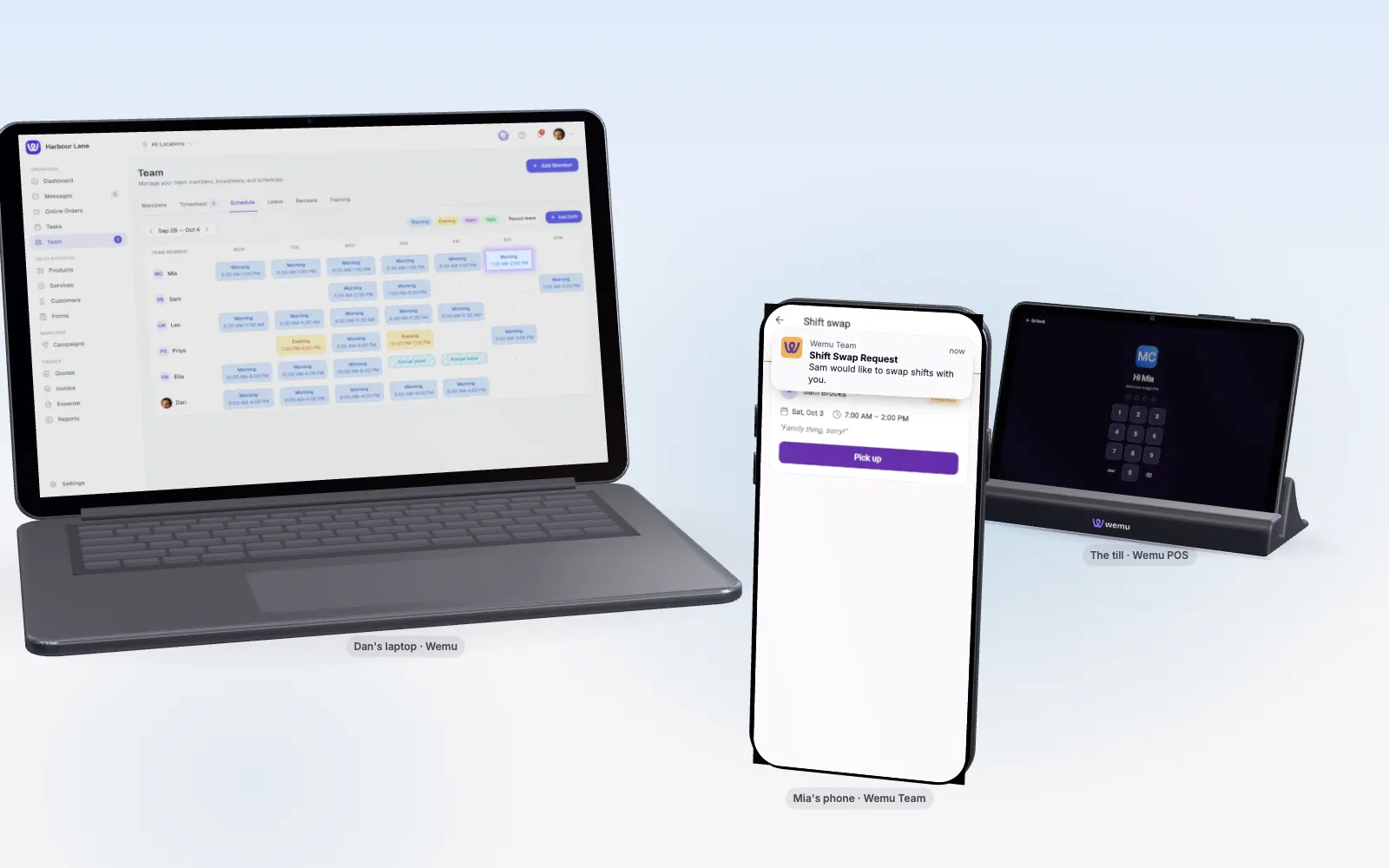 Mia's phone in the Wemu Team app showing an open shift from Sam to pick up, with a shift swap notification, and Dan's laptop showing the Harbour Lane roster